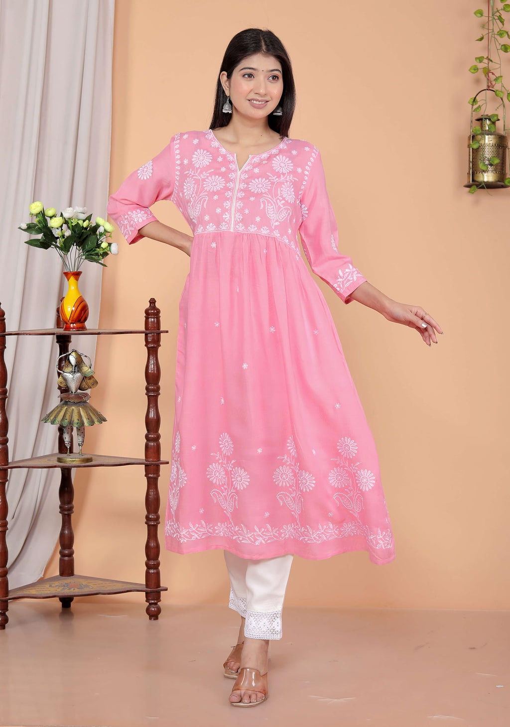 Women's Rayon Embroidered vcut Collar Anarkali Kurti with Pant (Pink) (BLACKLUXE CRAFTS) - BLACKLUXECRAFTS
