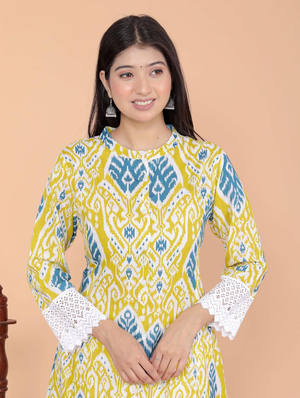 Women's Cotton Printed Mandarin Collar A-Line Kurti with Pant (Lemon) (BLACKLUXE CRAFTS) - BLACKLUXECRAFTS
