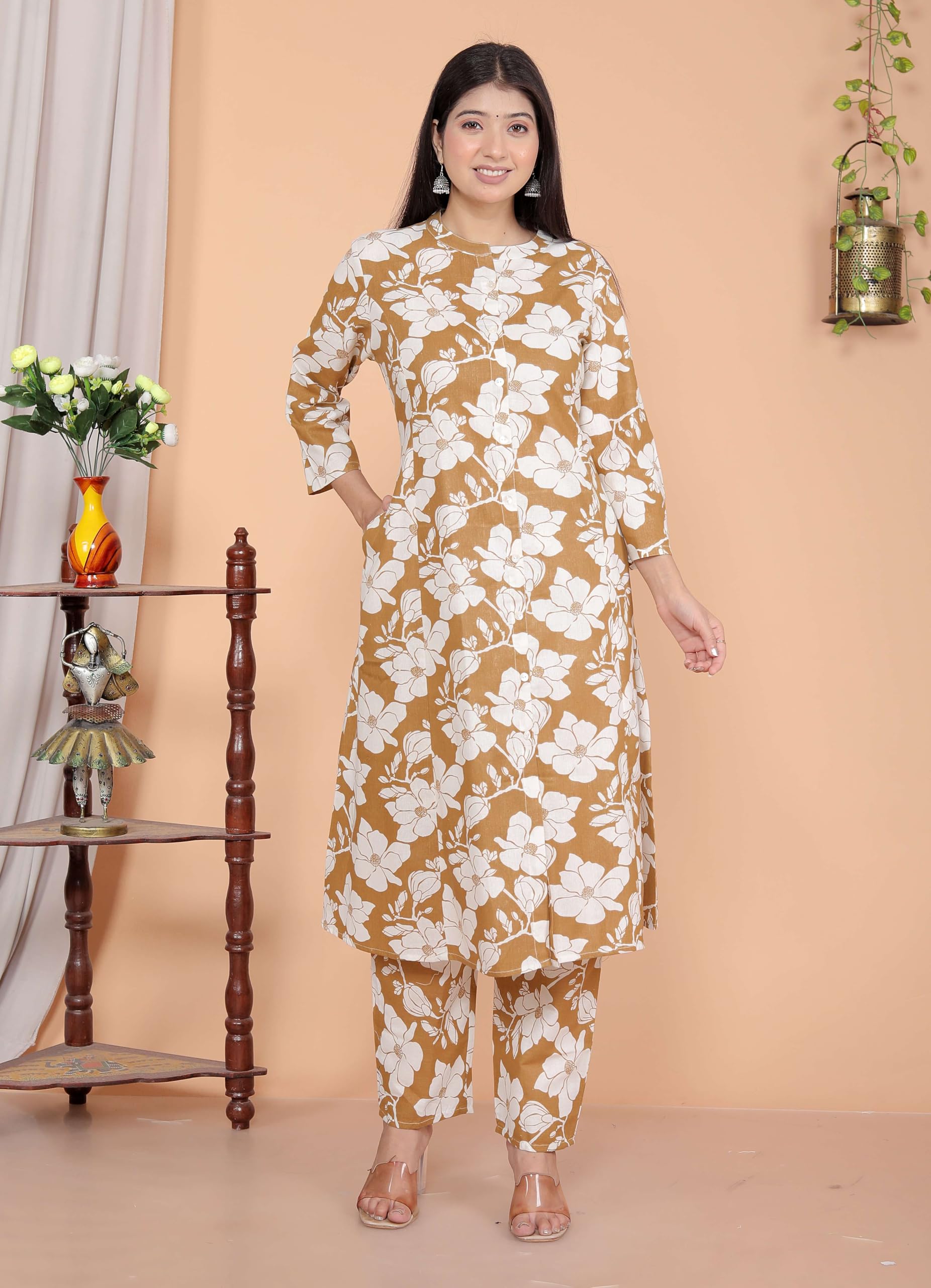 Women's Cotton Floral Printed Mandarin Collar A-Line Kurti with Pant (Brown) (BLACKLUXE CRAFTS) - BLACKLUXECRAFTS