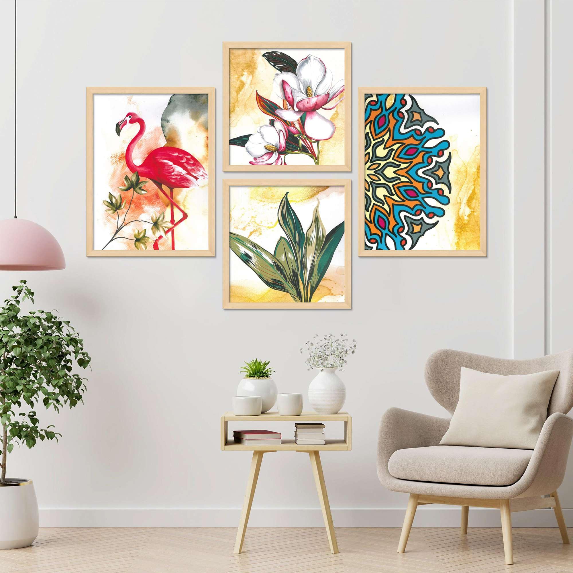 Flamingo & Botanical Wall Art Set of 4 – Modern Tropical Canvas Prints with Floral & Mandala Design | Living Room, Bedroom & Office Decor 
( 36X24 Inches ) (BLACKLUXE CRAFTS) - BLACKLUXECRAFTS