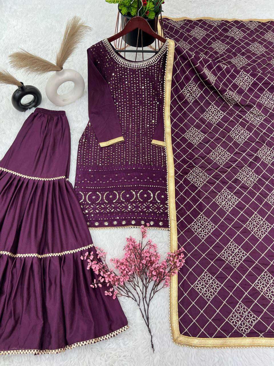 Georgette Sharara Suit with Mirror Work & Embroidered Dupatta | Party Wear Indian Ethnic Set (BLACKLUXE CRAFTS) - BLACKLUXECRAFTS