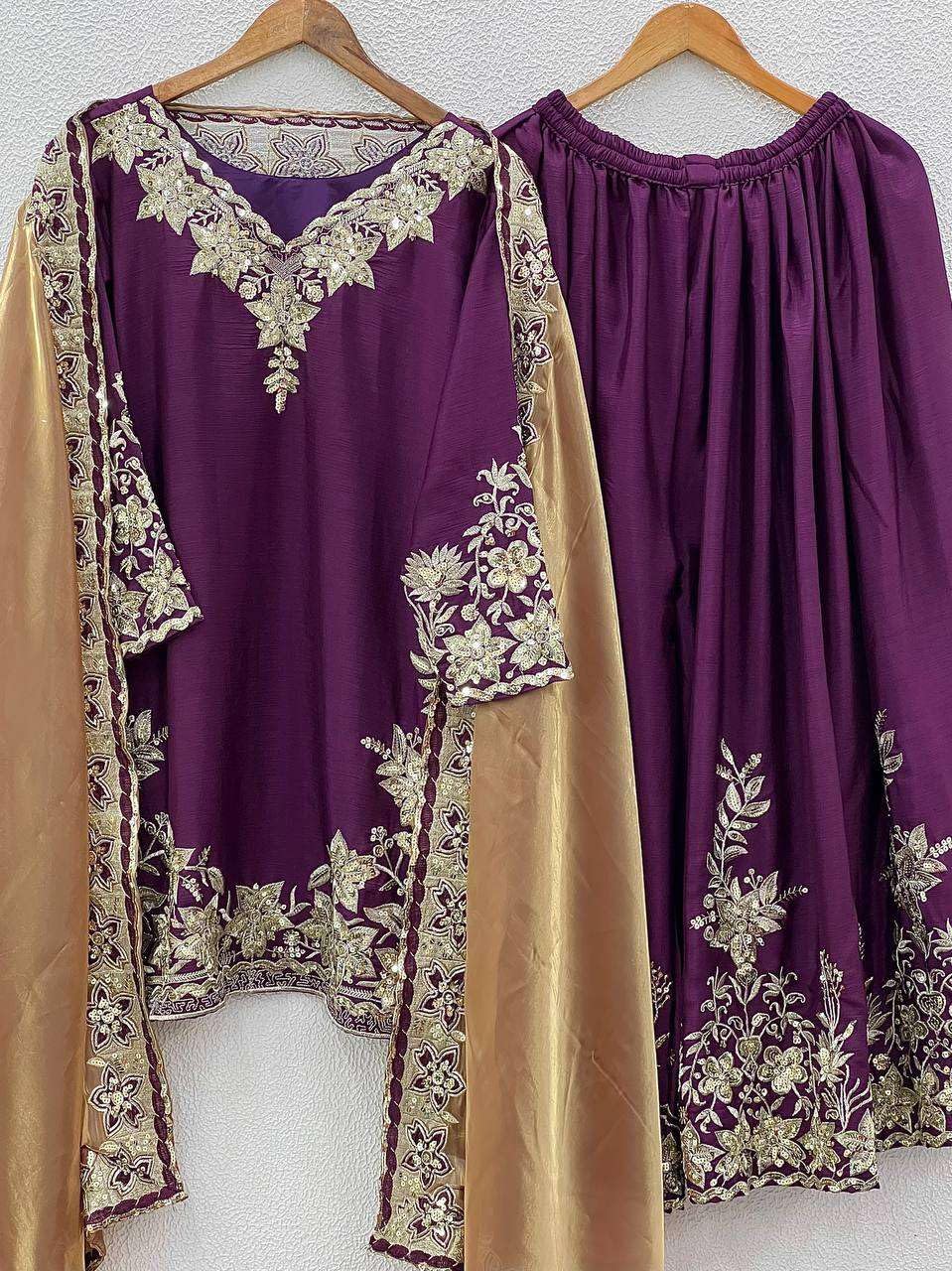 Women's Pure Chinnon Silk Embroidered Straight Kurti With Pant & Dupatta Set (BLACKLUXE CRAFTS) - BLACKLUXECRAFTS