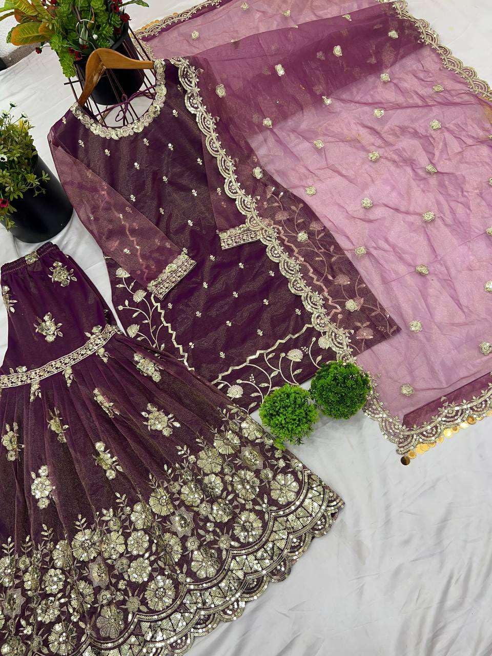 Women's Fandy Silk Embroidered Straight Kurta With Sharara and Dupatta Set (BLACKLUXE CRAFTS) - BLACKLUXECRAFTS
