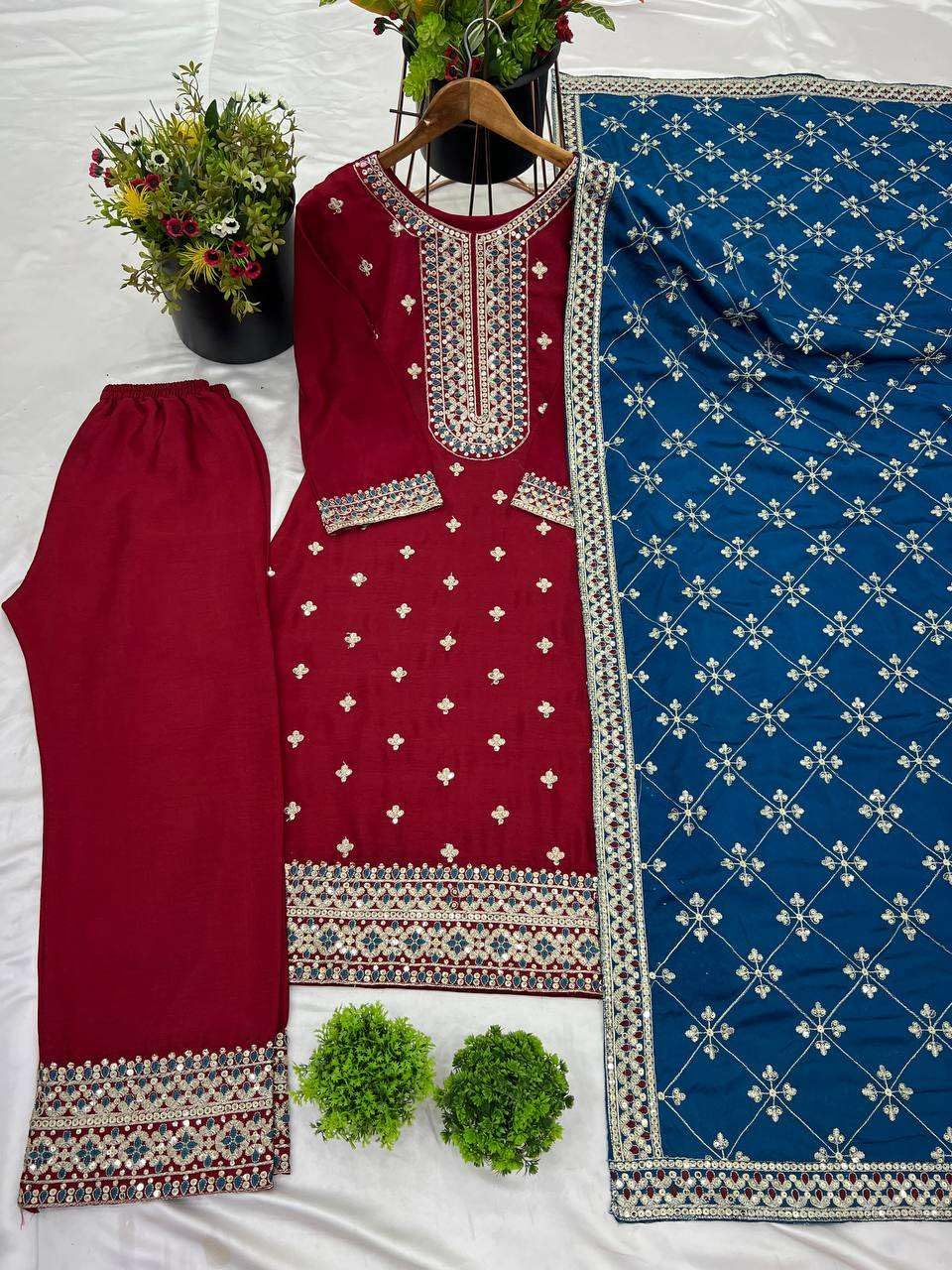 Women's Chinnon Silk Embroidered Straight Kurti with Pant & Dupatta Set (BLACKLUXE CRAFTS) - BLACKLUXECRAFTS