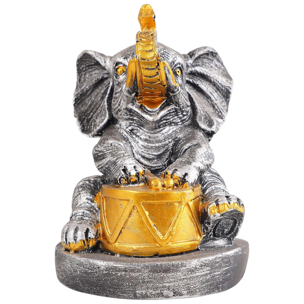 Silver Elephant Drummer Figurine – Handcrafted Resin Elephant Playing Drum Statue for Home Décor & Spiritual Gift (BLACKLUXE CRAFTS) - BLACKLUXECRAFTS