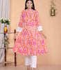 Women's Cotton Printed Mandarin Collar A-Line Kurti with Pant (Orange) (BLACKLUXE CRAFTS) - BLACKLUXECRAFTS