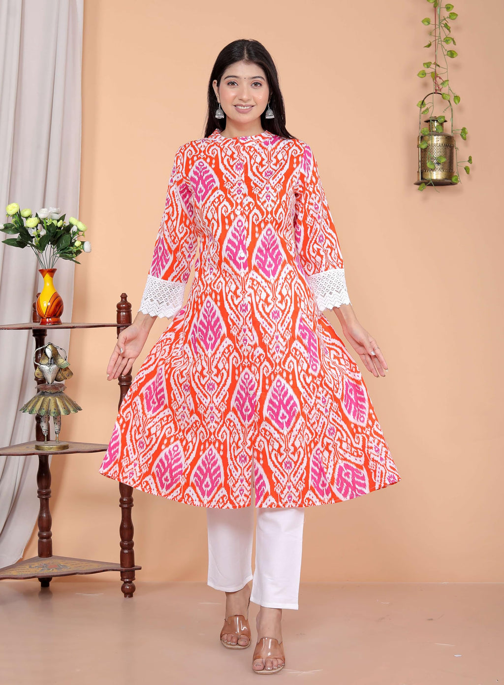 Women's Cotton Printed Mandarin Collar A-Line Kurti with Pant (Orange) (BLACKLUXE CRAFTS) - BLACKLUXECRAFTS