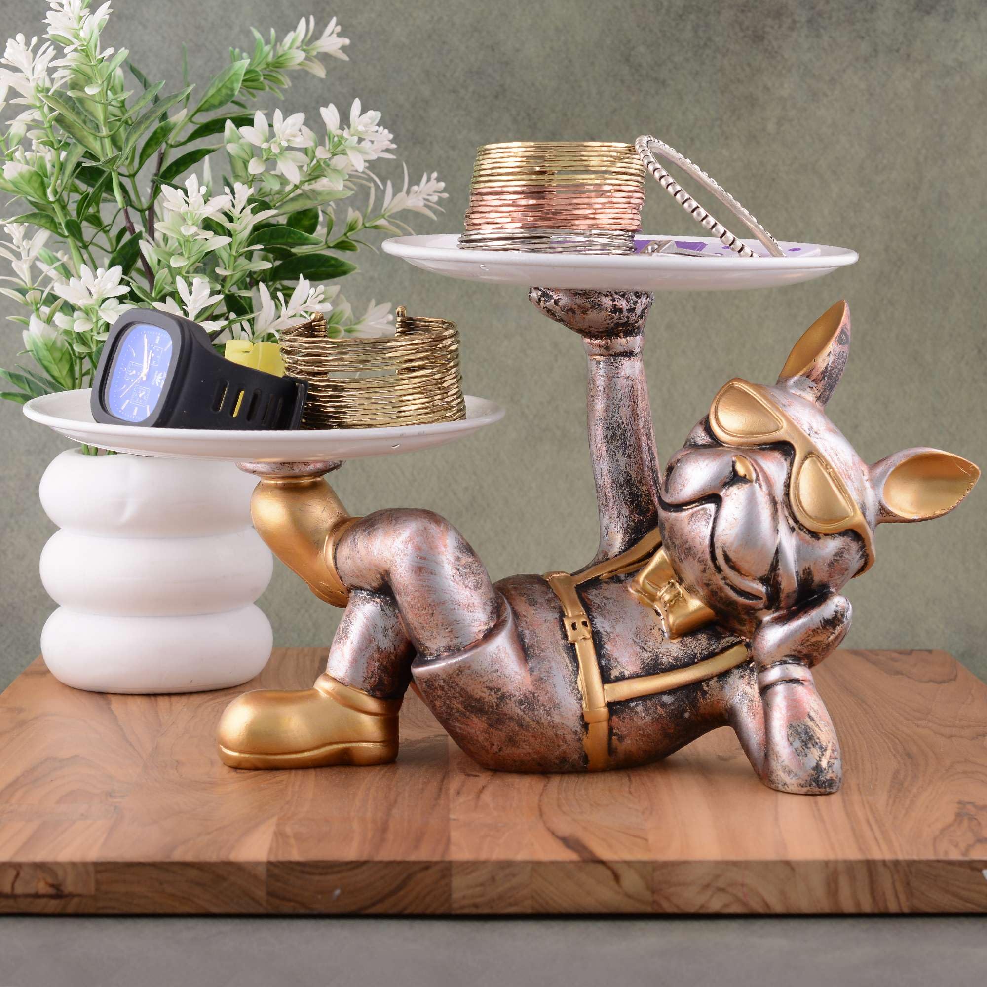Vintage Bulldog Figurine Jewelry & Watch Holder – Resin Dog Statue with Sunglasses, Double Tray Decorative Storage for Home Décor (BLACKLUXE CRAFTS) - BLACKLUXECRAFTS