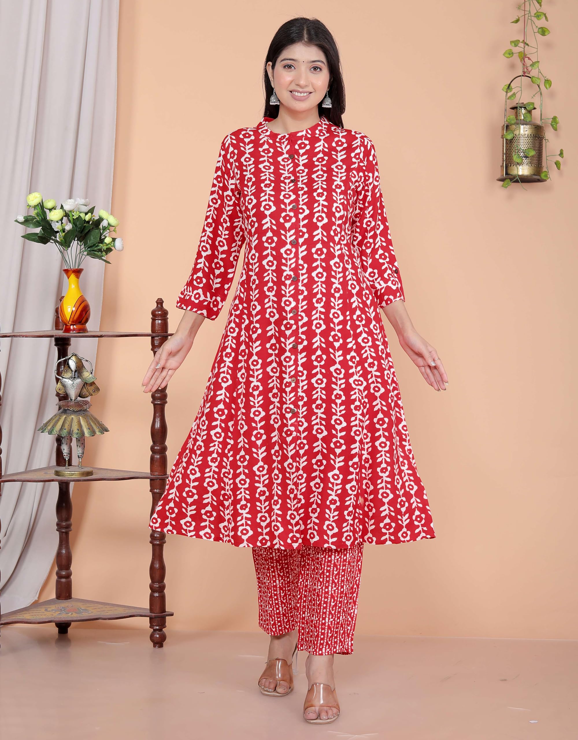 Women's Rayon Floral Printed Mandarin Collar A-Line Kurti with Trousers (Red)(BLACKLUXE CRAFTS) - BLACKLUXECRAFTS