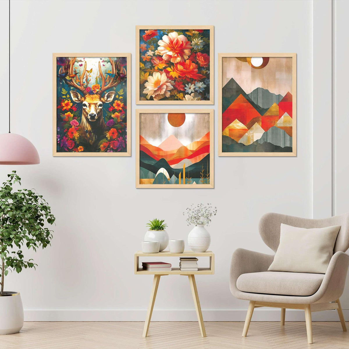 Deer, Floral & Mountain Wall Art Set – Vibrant Nature Canvas Prints in Orange & Red Tones | Modern Home Décor for Living Room, Bedroom & Office | Handmade in India ( 36X24 Inches ) (BLACKLUXE CRAFTS) - BLACKLUXECRAFTS