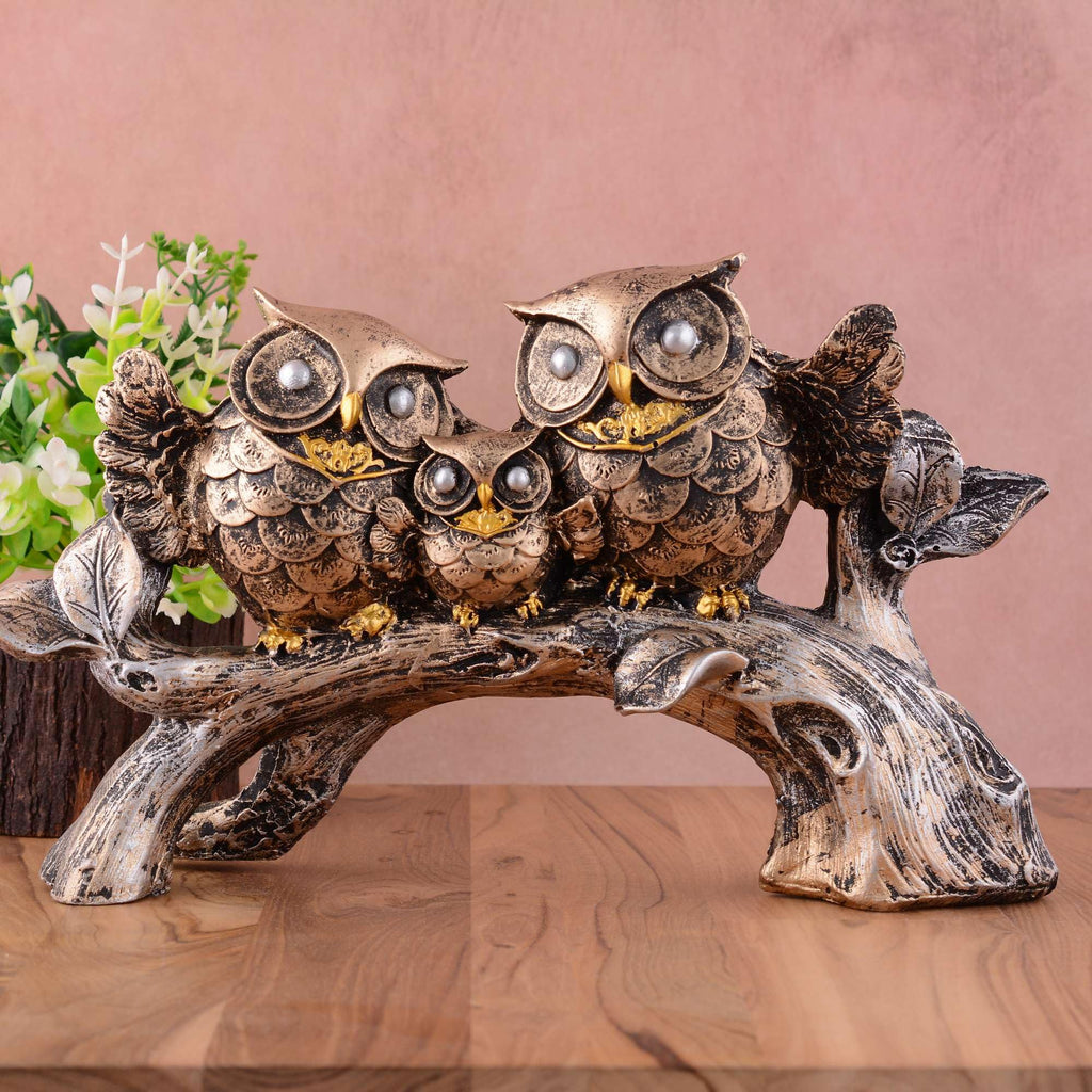 Antique Finish Owl Family Figurine on Tree Branch – Handcrafted Resin Owl Statue for Home Décor & Gifting (BLACKLUXE CRAFTS) - BLACKLUXECRAFTS
