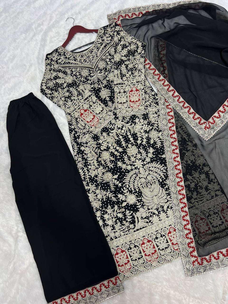 Women's Faux Georgette Embroidered Aaliya Cut Kurti With Plazzo & Dupatta Set with Diamond Handwork (BLACKLUXE CRAFTS) - BLACKLUXECRAFTS