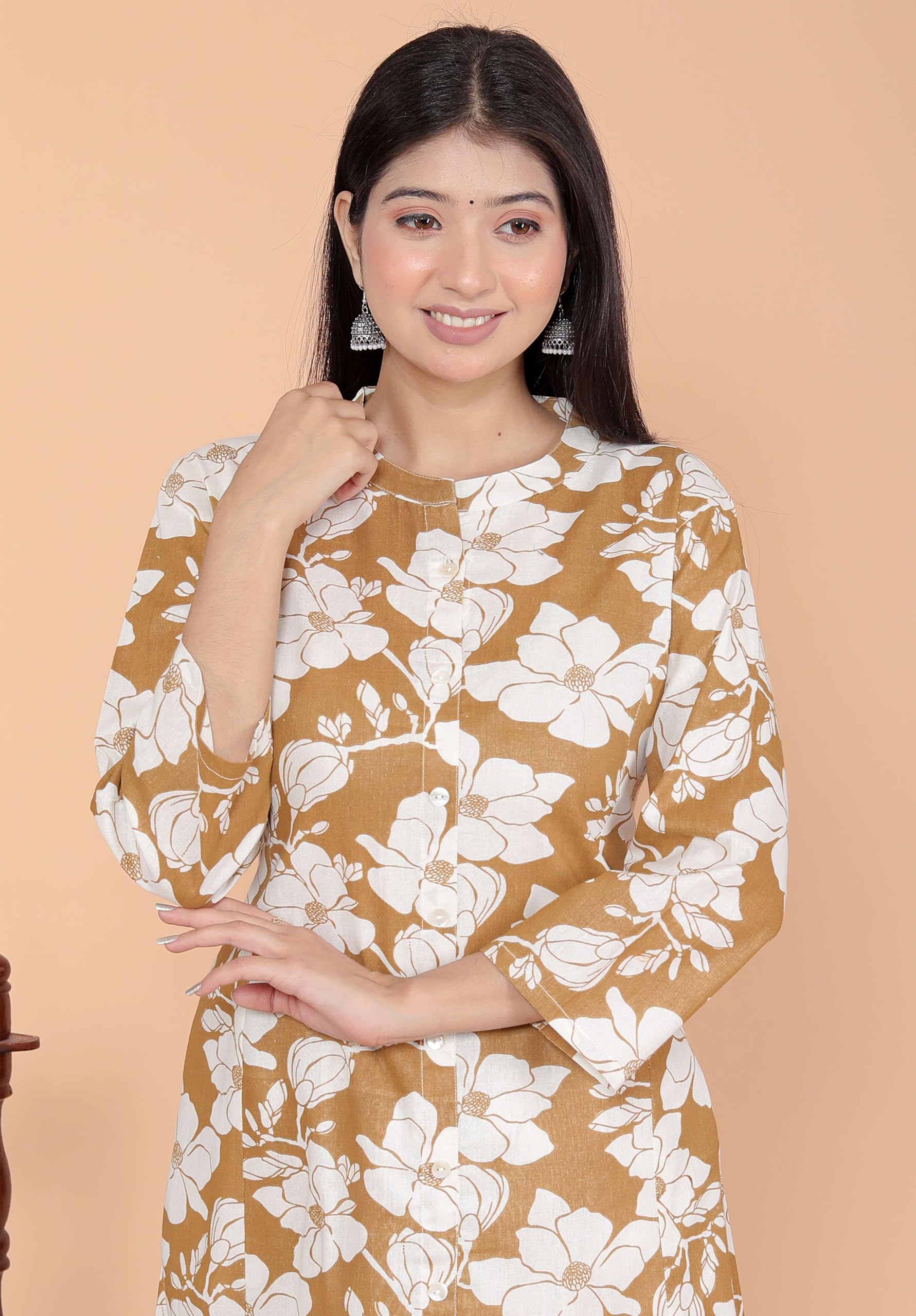 Women's Cotton Floral Printed Mandarin Collar A-Line Kurti with Pant (Brown) (BLACKLUXE CRAFTS) - BLACKLUXECRAFTS