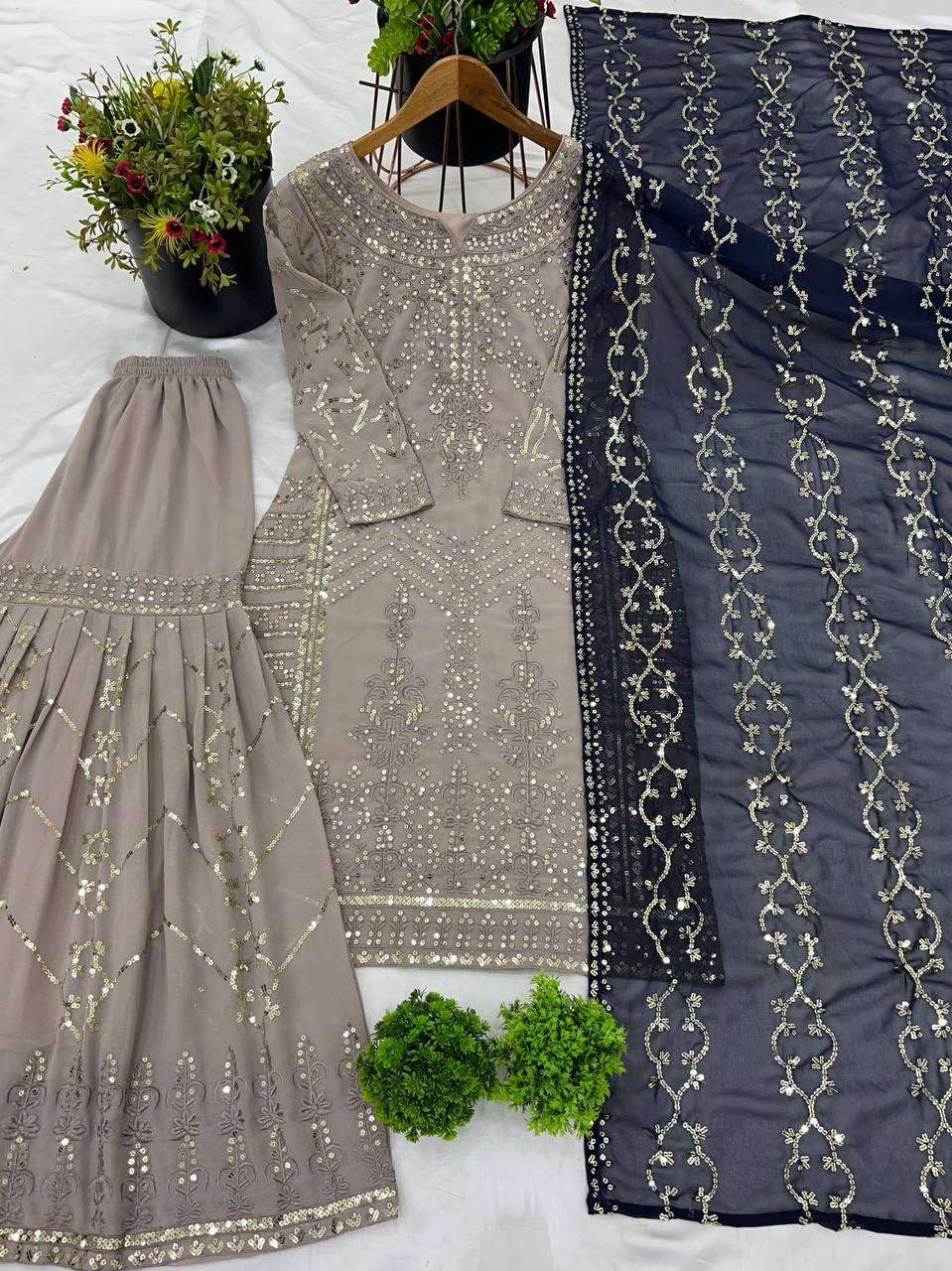 Women's Faux Georgette Embroidered Straight Kurti with Sharara and Dupatta Set (BLACKLUXE CRAFTS) - BLACKLUXECRAFTS