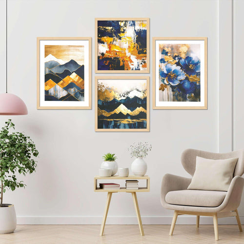 Abstract Blue & Gold Wall Art Prints – Modern Mountain & Floral Canvas Painting Set for Living Room, Bedroom & Office Décor | Handmade Art from India ( 36X24 Inches ) (BLACKLUXE CRAFTS) - BLACKLUXECRAFTS