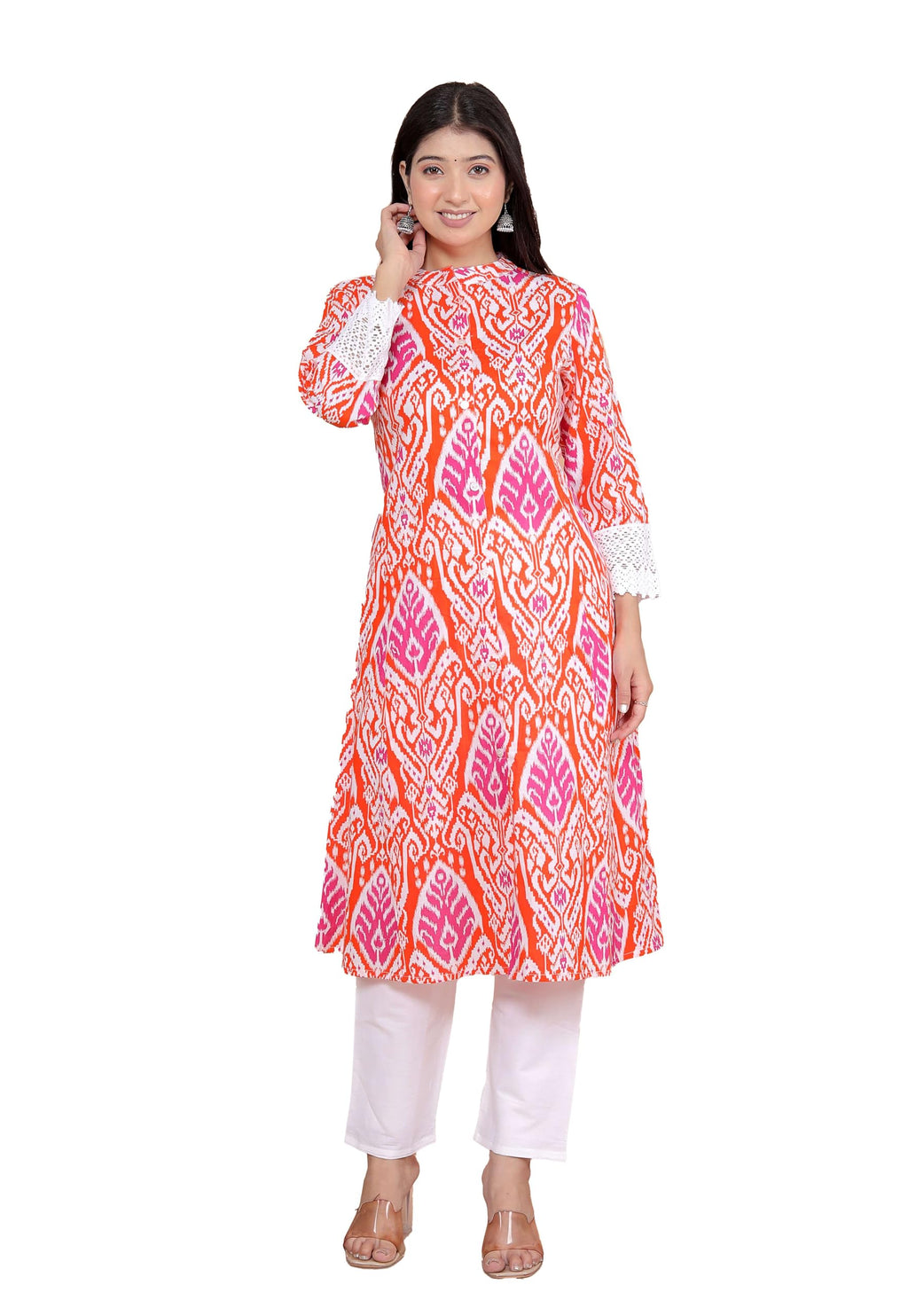 Women's Cotton Printed Mandarin Collar A-Line Kurti with Pant (Orange) (BLACKLUXE CRAFTS) - BLACKLUXECRAFTS