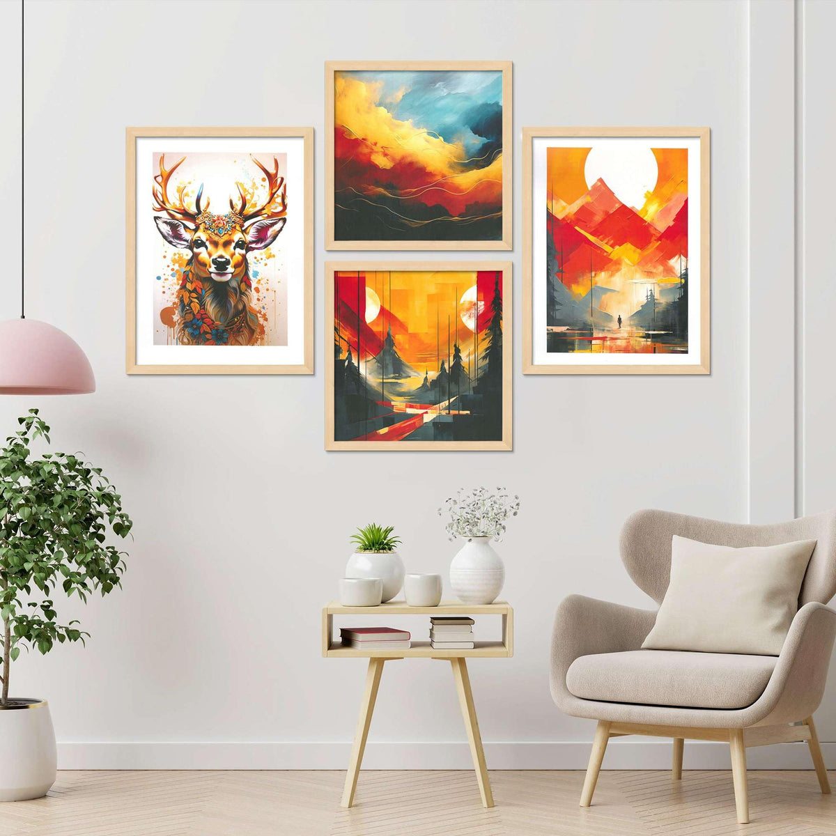 Deer & Mountain Sunset Wall Art Set – Abstract Nature Canvas Prints in Orange, Yellow & Blue | Modern Boho Home Décor for Living Room, Bedroom & Office | Handmade in India ( 36X24 Inches ) (BLACKLUXE CRAFTS) - BLACKLUXECRAFTS