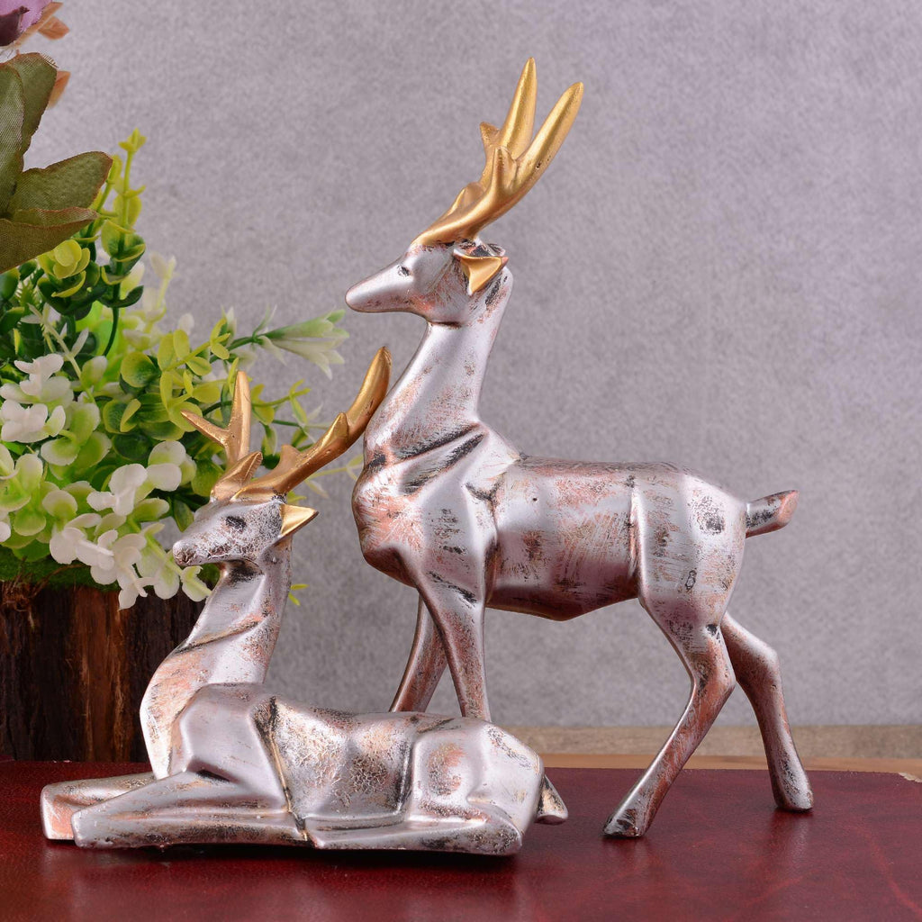 Silver Reindeer Couple Figurines with Golden Antlers – Modern Resin Deer Statues for Home Décor & Gifting (BLACKLUXE CRAFTS) - BLACKLUXECRAFTS