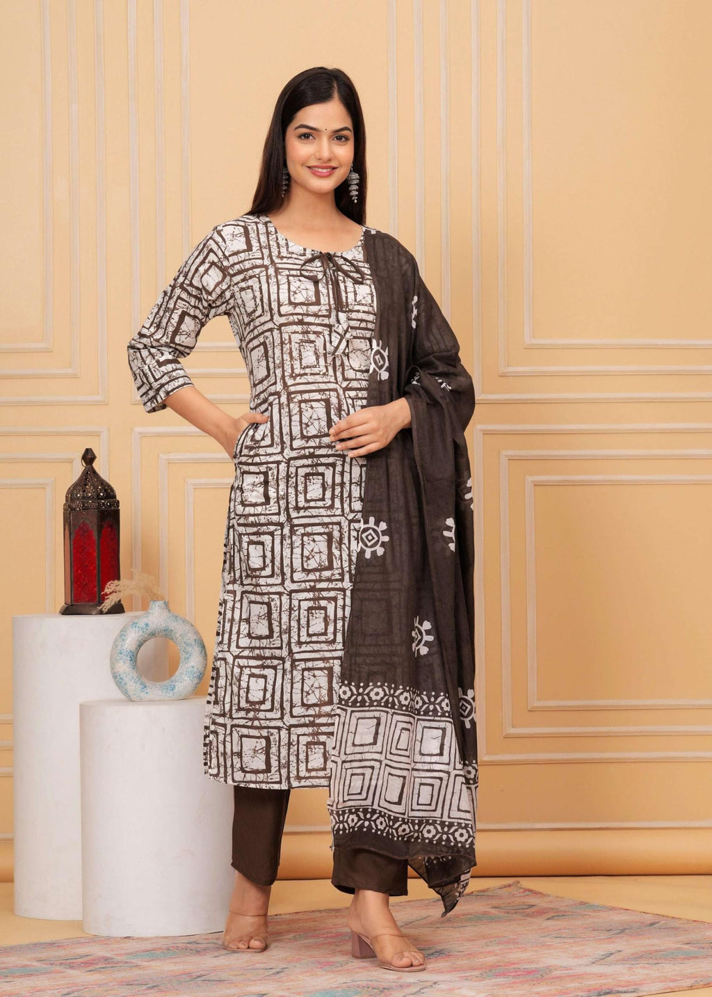 Brown & White Printed Kurta Set with Dupatta | Elegant Ethnic Suit for Women | Cotton Blend Casual & Festive Wear (BLACKLUXE CRAFTS) - BLACKLUXECRAFTS