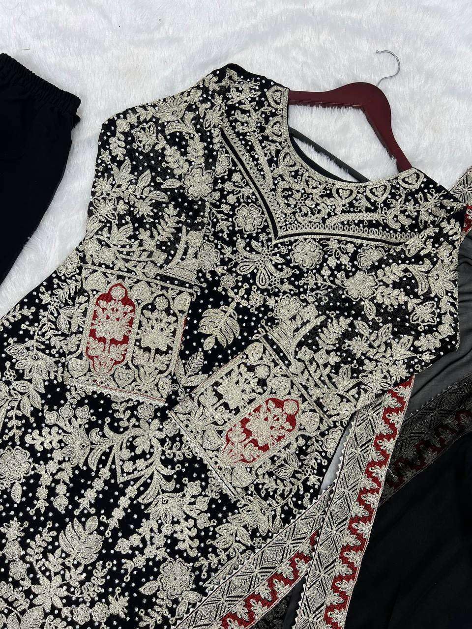 Women's Faux Georgette Embroidered Aaliya Cut Kurti With Plazzo & Dupatta Set with Diamond Handwork (BLACKLUXE CRAFTS) - BLACKLUXECRAFTS