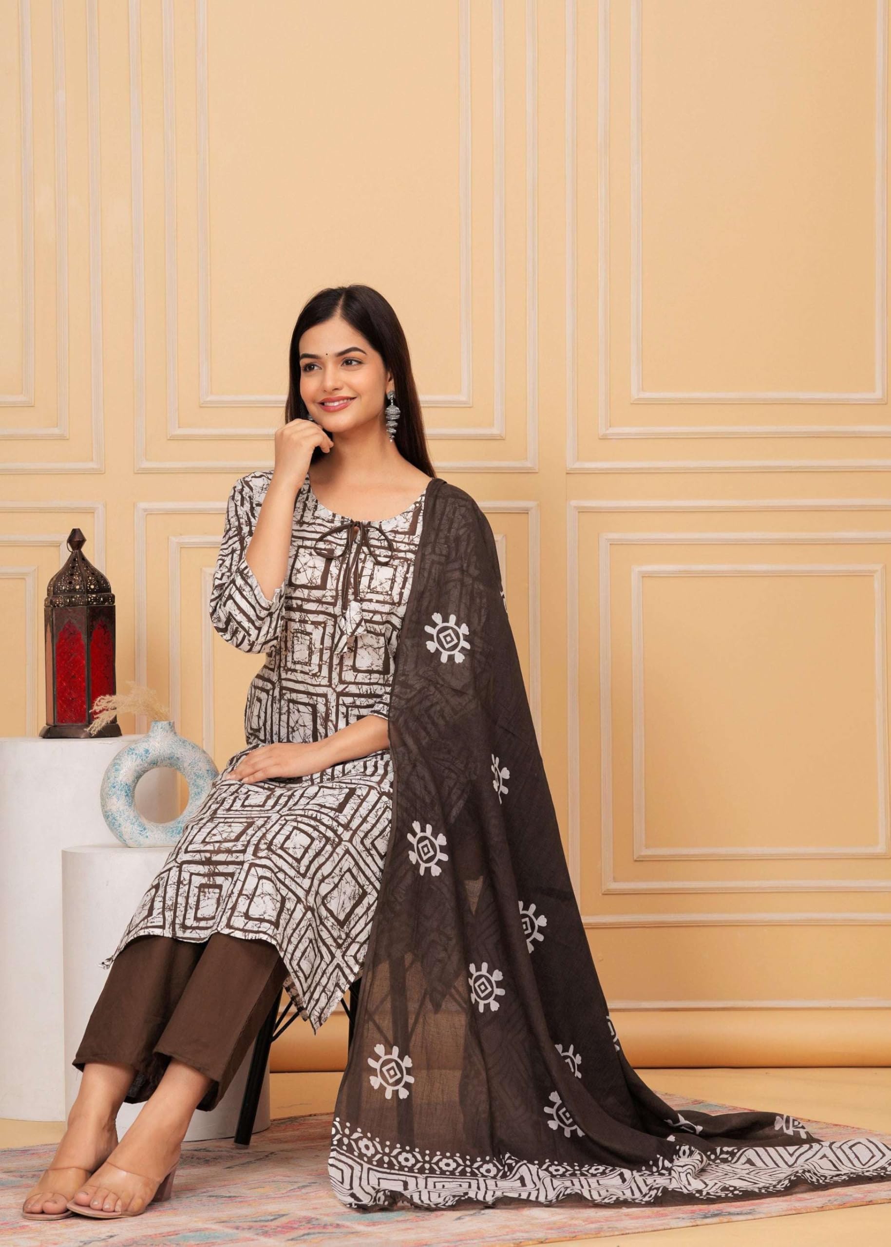 Brown & White Printed Kurta Set with Dupatta | Elegant Ethnic Suit for Women | Cotton Blend Casual & Festive Wear (BLACKLUXE CRAFTS) - BLACKLUXECRAFTS