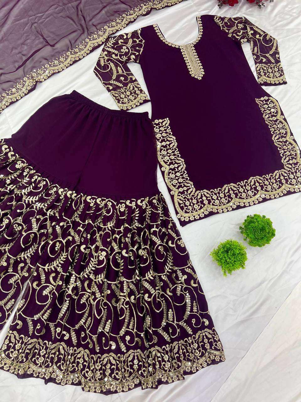 Purple Embroidered Kurta Sharara Set with Dupatta – Luxury Indian Wedding & Party Wear Outfit for Women (BLACKLUXE CRAFTS) - BLACKLUXECRAFTS