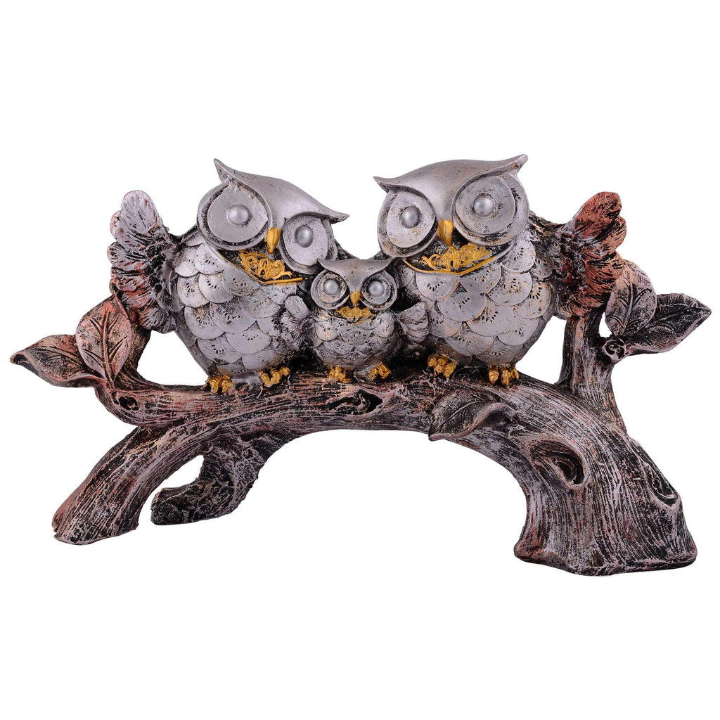 Silver Owl Family Figurine on Tree Branch – Handcrafted Resin Owl Sculpture for Home Décor & Gift (BLACKLUXE CRAFTS) - BLACKLUXECRAFTS
