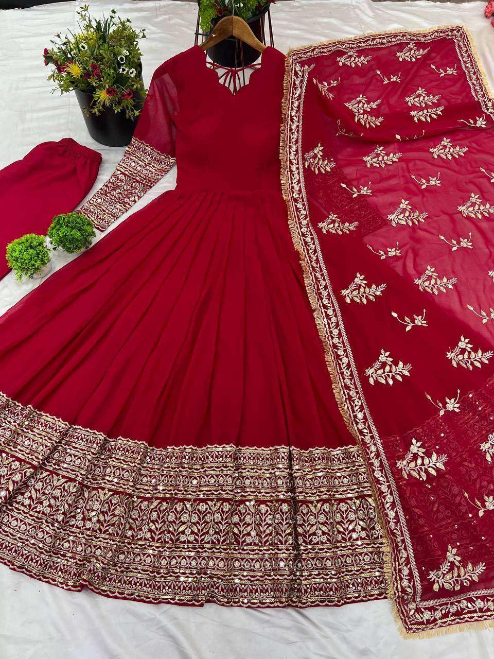 Maroon Anarkali Gown with Heavy Golden Embroidery & Dupatta | Designer Indian Pakistani Wedding Dress for Women (BLACKLUXE CRAFTS) - BLACKLUXECRAFTS