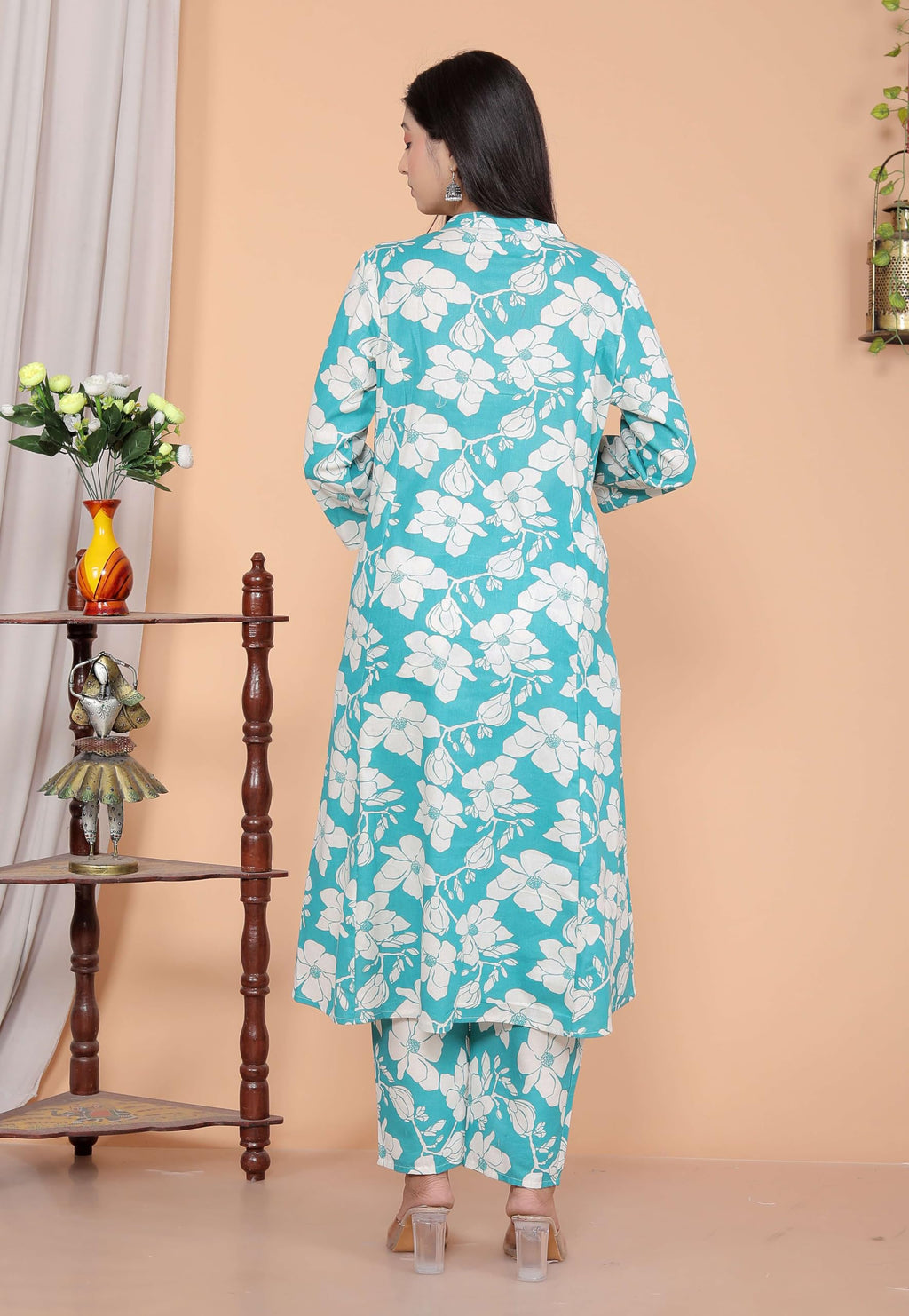 Women's Cotton Floral Printed Mandarin Collar A-Line Kurti with Pant (Sky Blue) (BLACKLUXE CRAFTS) - BLACKLUXECRAFTS