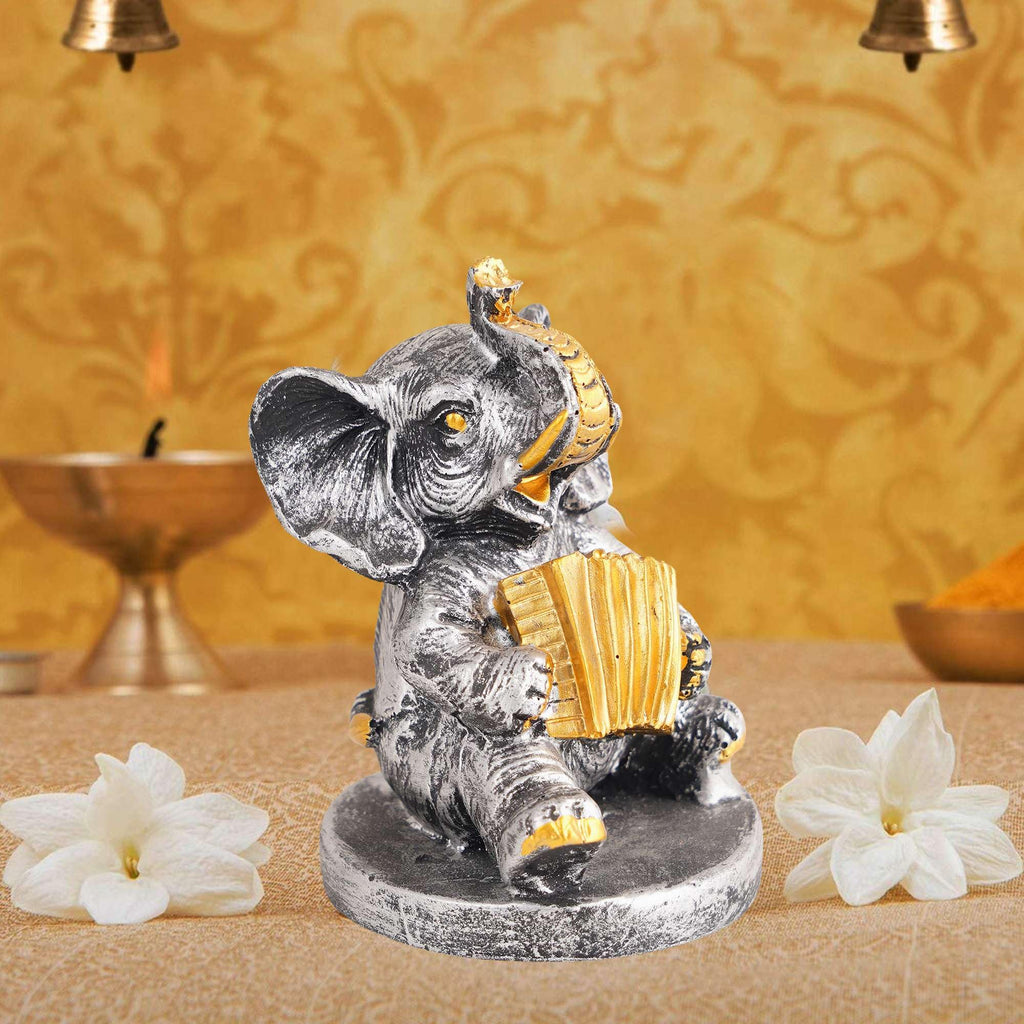 Silver Elephant Musician Figurine – Handcrafted Resin Elephant Statue with Accordion for Lucky Home Décor & Gifts (BLACKLUXE CRAFTS) - BLACKLUXECRAFTS