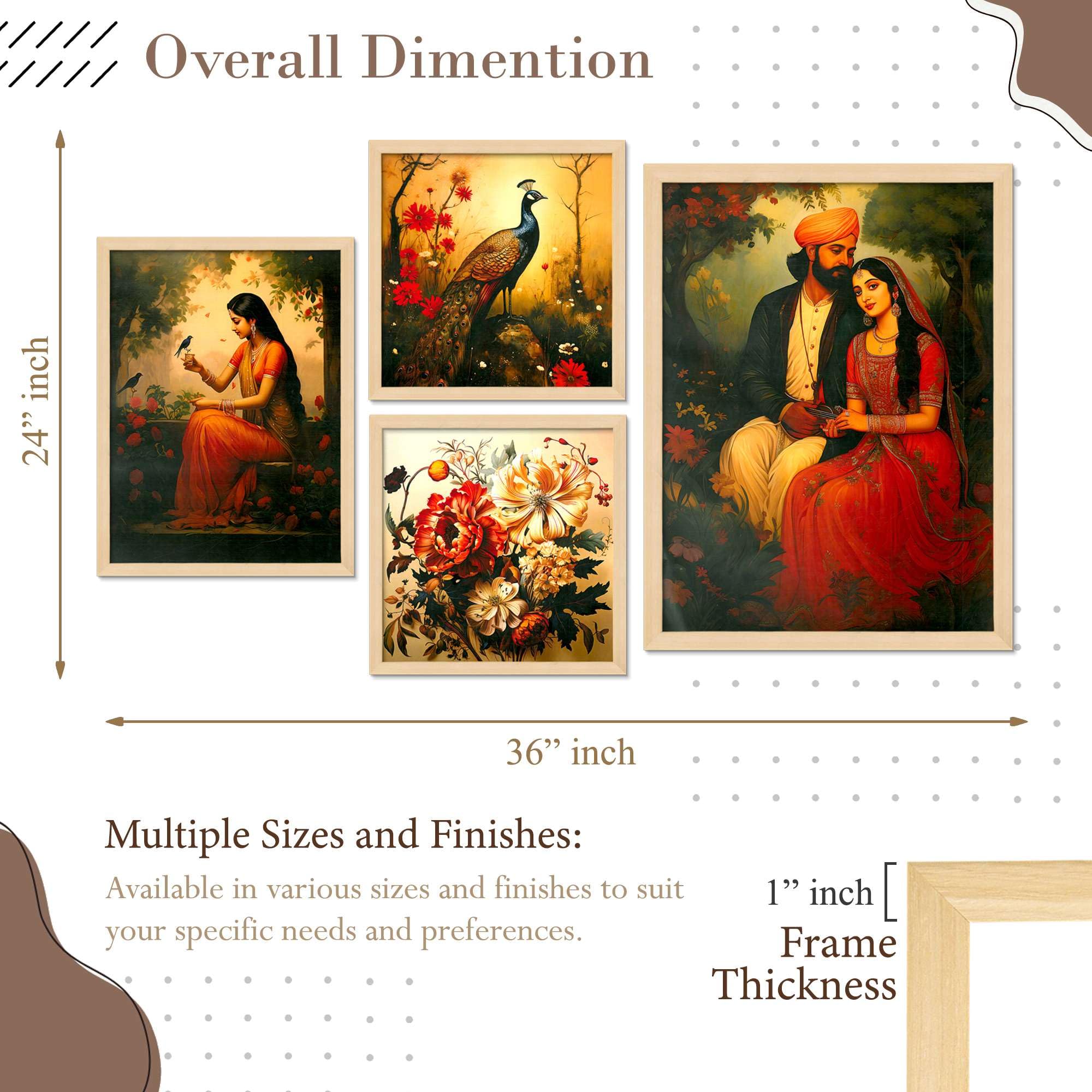 Royal Indian Wall Art Set – Peacock, Floral & Couple Paintings | Traditional Handmade Canvas Prints for Home & Office Decor | Luxury Wall Decoration, Made in India ( 36X24 Inches ) (BLACKLUXE CRAFTS) - BLACKLUXECRAFTS