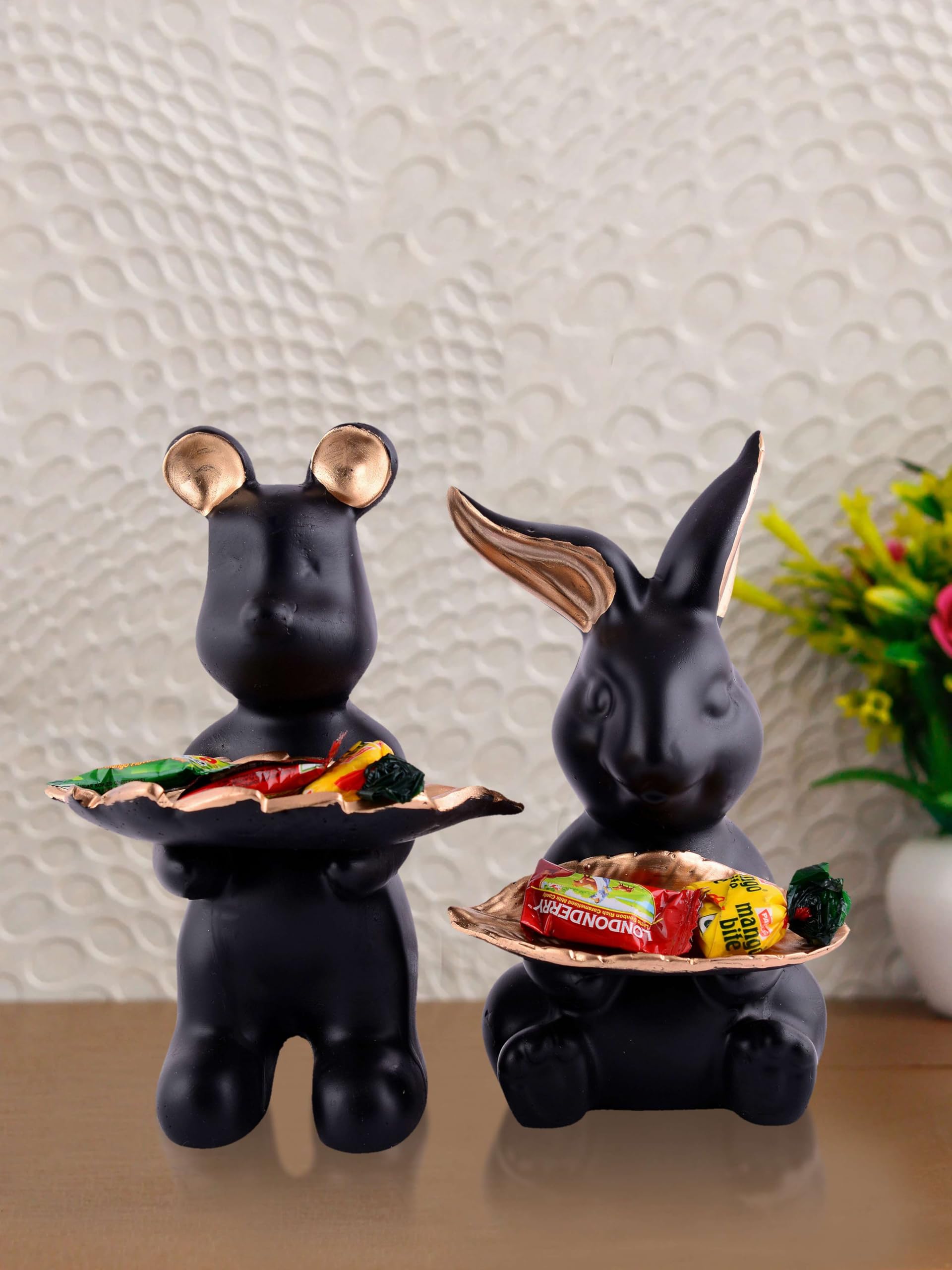Handmade Resin Animal Candy Holder Set – Black Bunny & Bear Decorative Snack Tray | Modern Home Decor & Tabletop Gift from India (BLACKLUXE CRAFTS) - BLACKLUXECRAFTS
