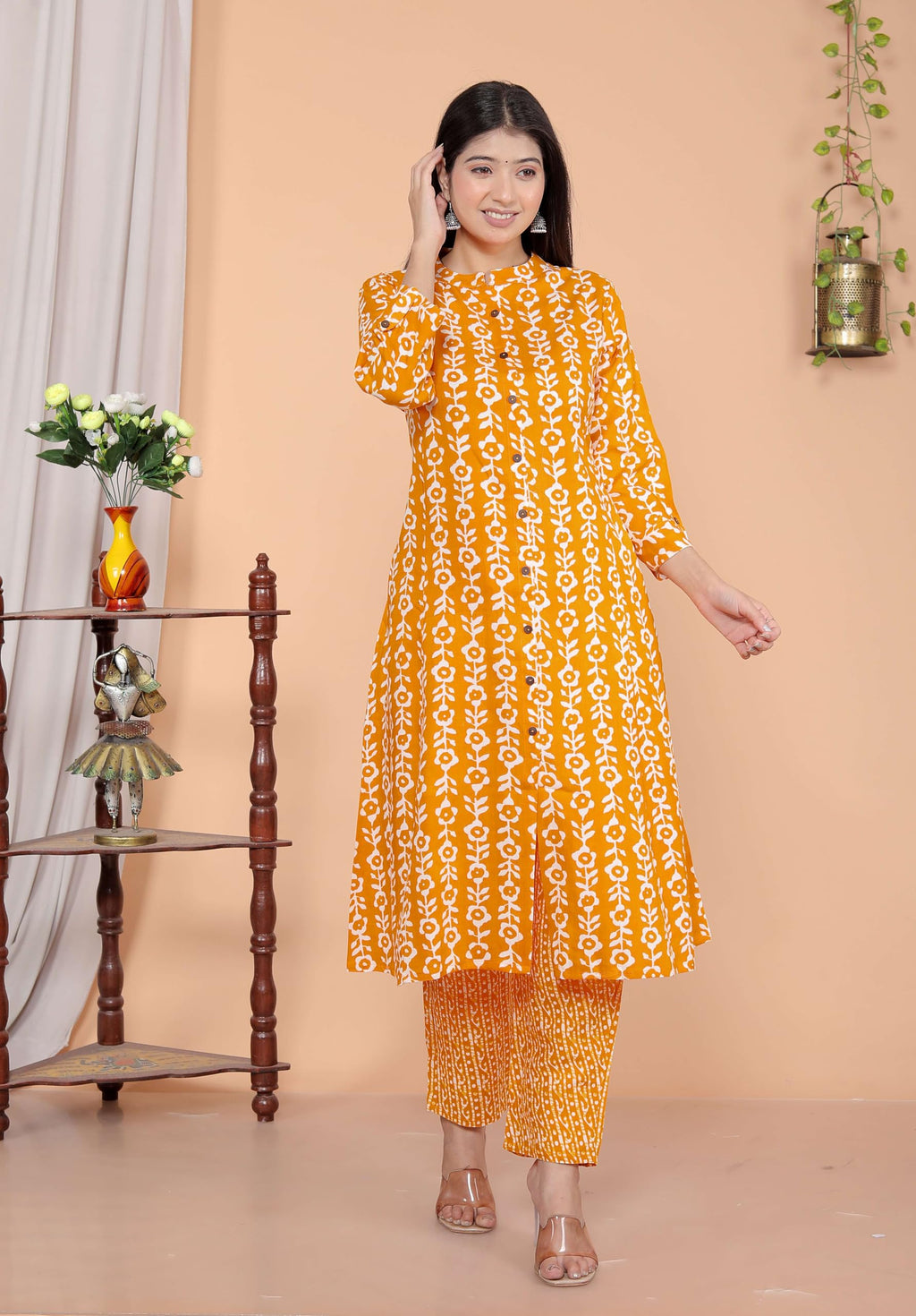 Women's Cotton Floral Printed Mandarin Collar A-Line Kurti with Pant (Orange) (BLACKLUXE CRAFTS) - BLACKLUXECRAFTS