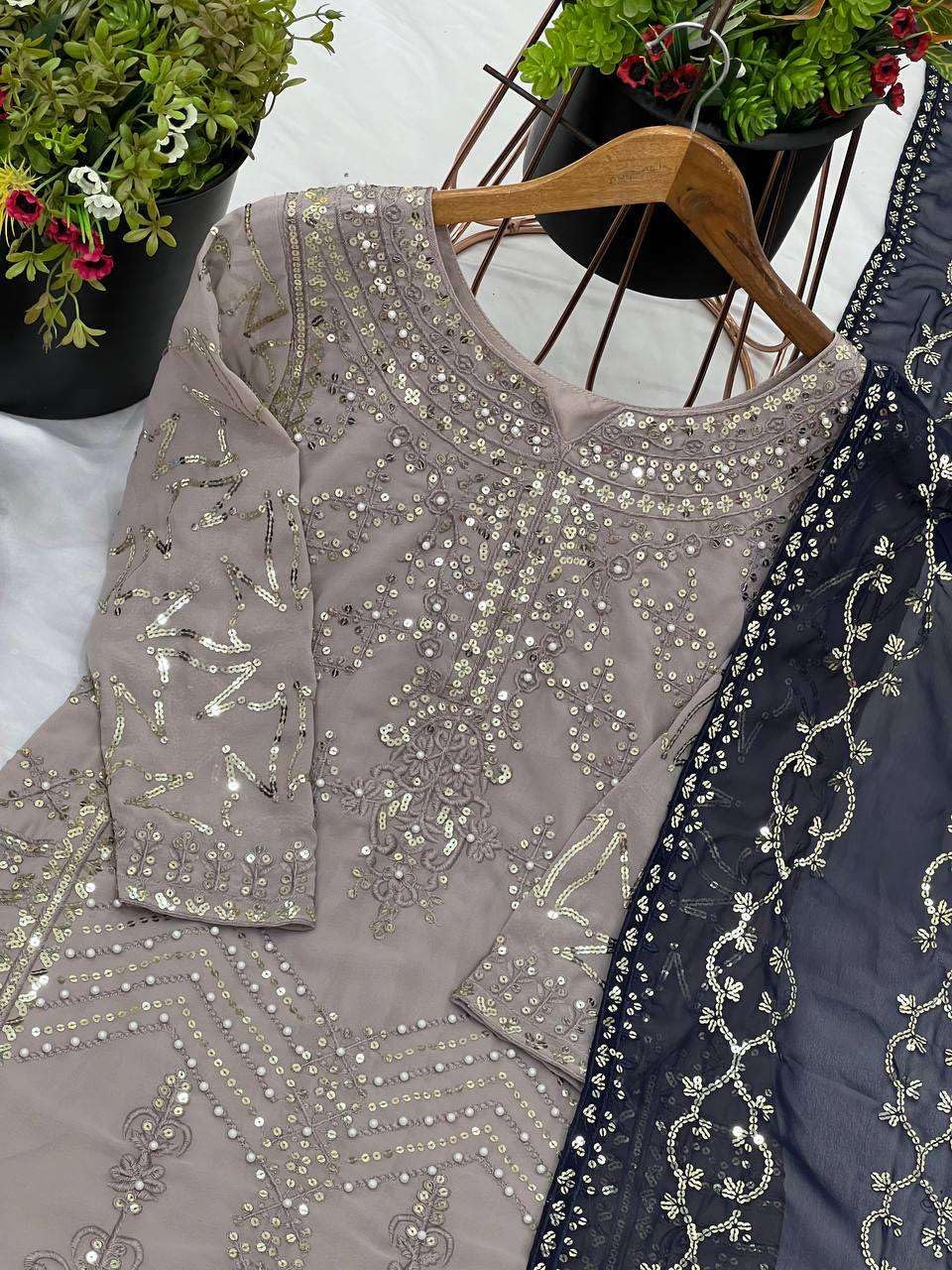 Women's Faux Georgette Embroidered Straight Kurti with Sharara and Dupatta Set (BLACKLUXE CRAFTS) - BLACKLUXECRAFTS