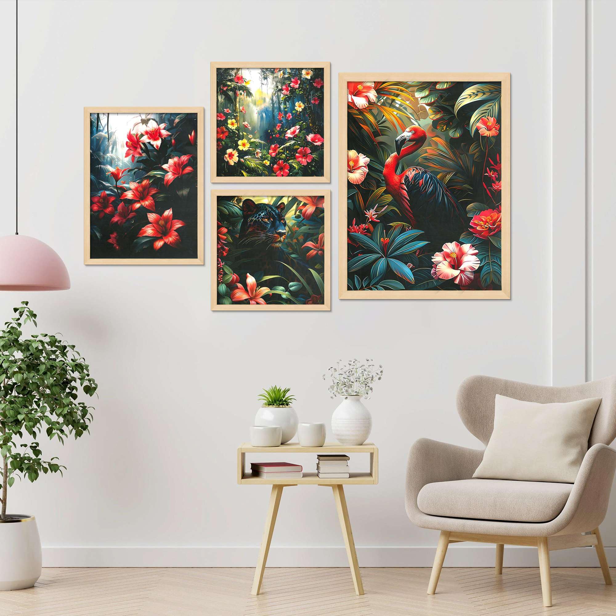 Tropical Jungle Wall Art Set of 4 | Exotic Bird, Panther & Floral Canvas Prints | Vibrant Rainforest Theme Home Decor for Living Room, Bedroom & Office ( 36X24 Inches ) (BLACKLUXE CRAFTS) - BLACKLUXECRAFTS