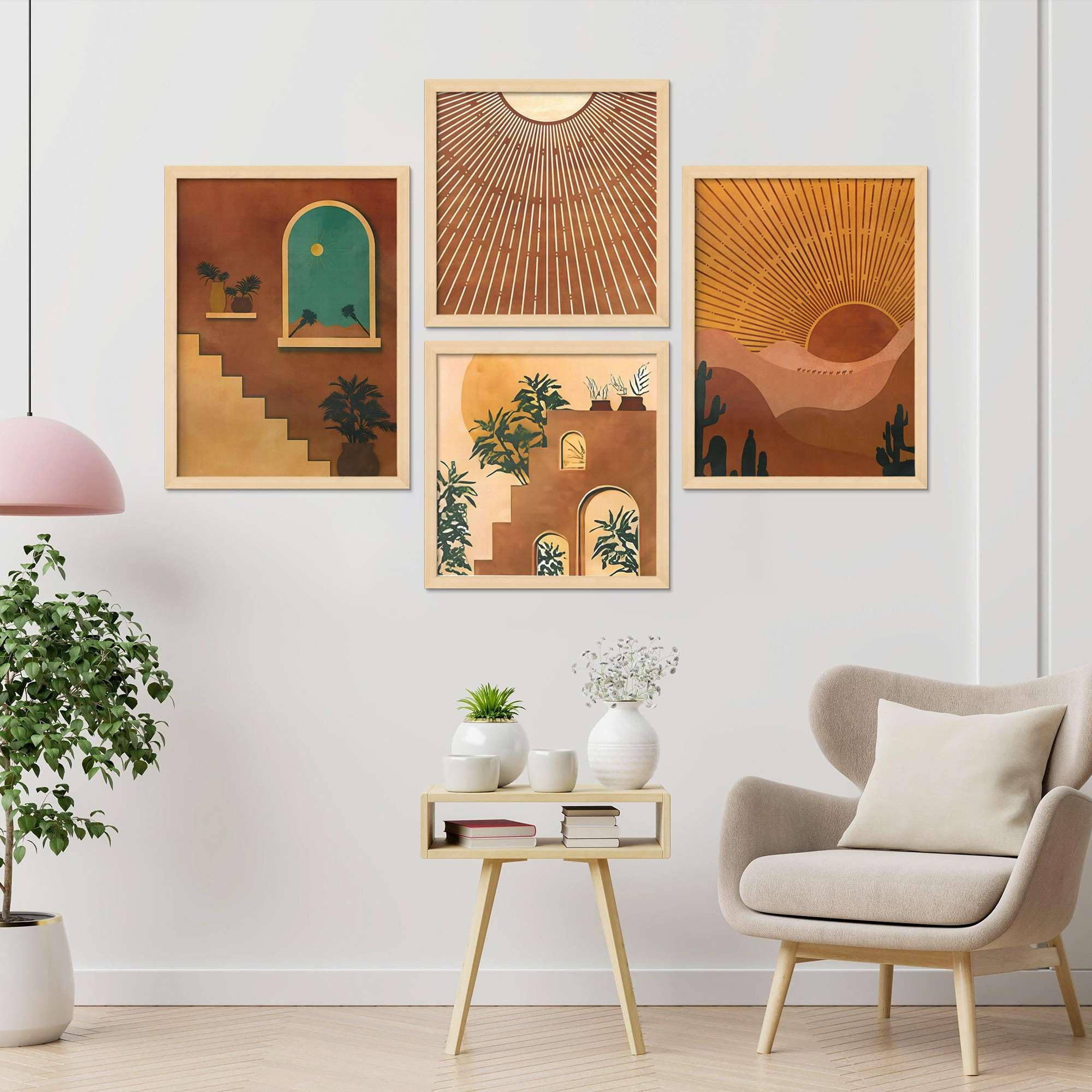 Boho Sunset Wall Art Set – Terracotta Abstract Sun & Stairs Canvas Prints | Minimalist Modern Home Décor for Living Room, Bedroom & Office | Handmade in India ( 36X24 Inches ) (BLACKLUXE CRAFTS) - BLACKLUXECRAFTS