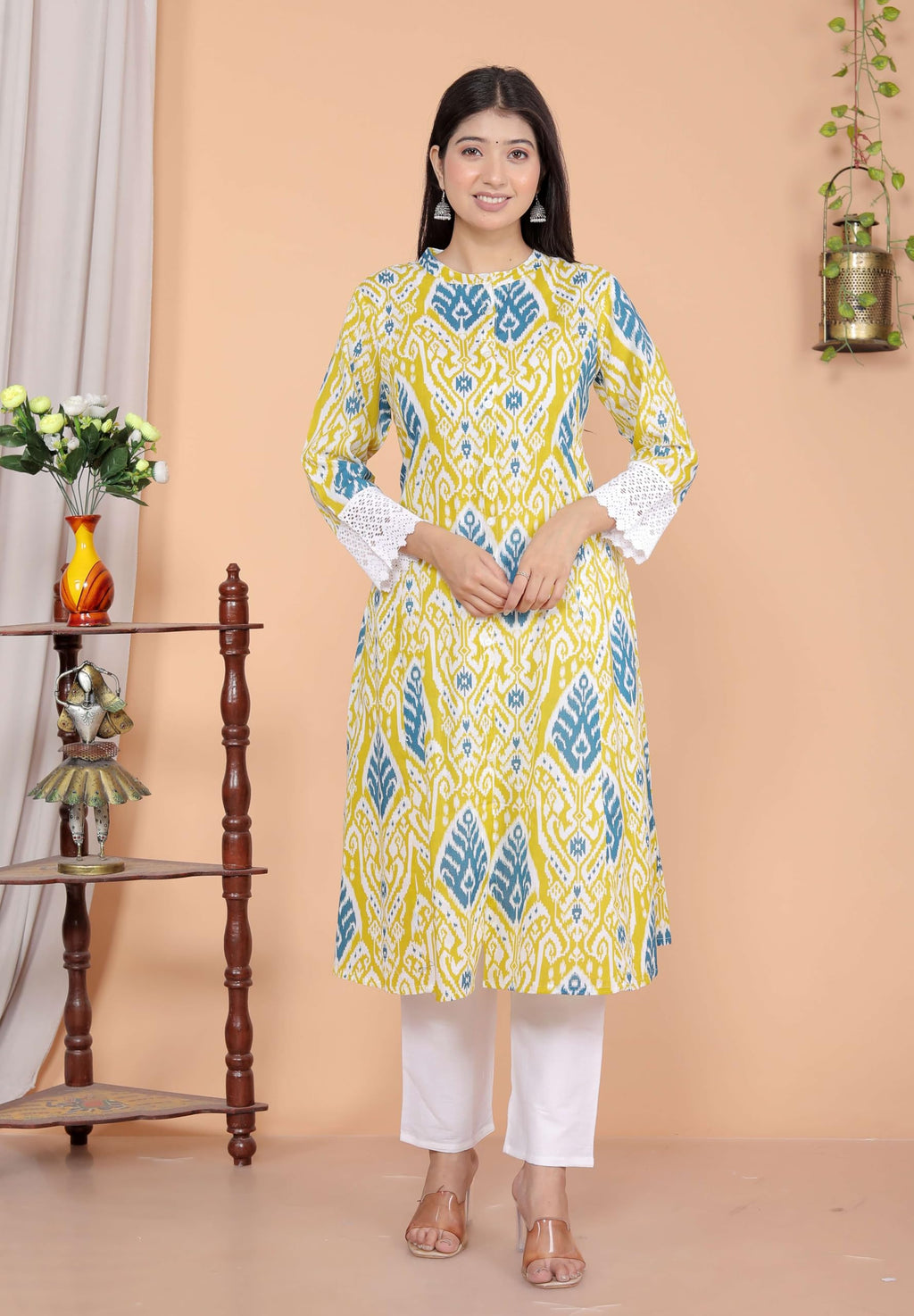 Women's Cotton Printed Mandarin Collar A-Line Kurti with Pant (Lemon) (BLACKLUXE CRAFTS) - BLACKLUXECRAFTS