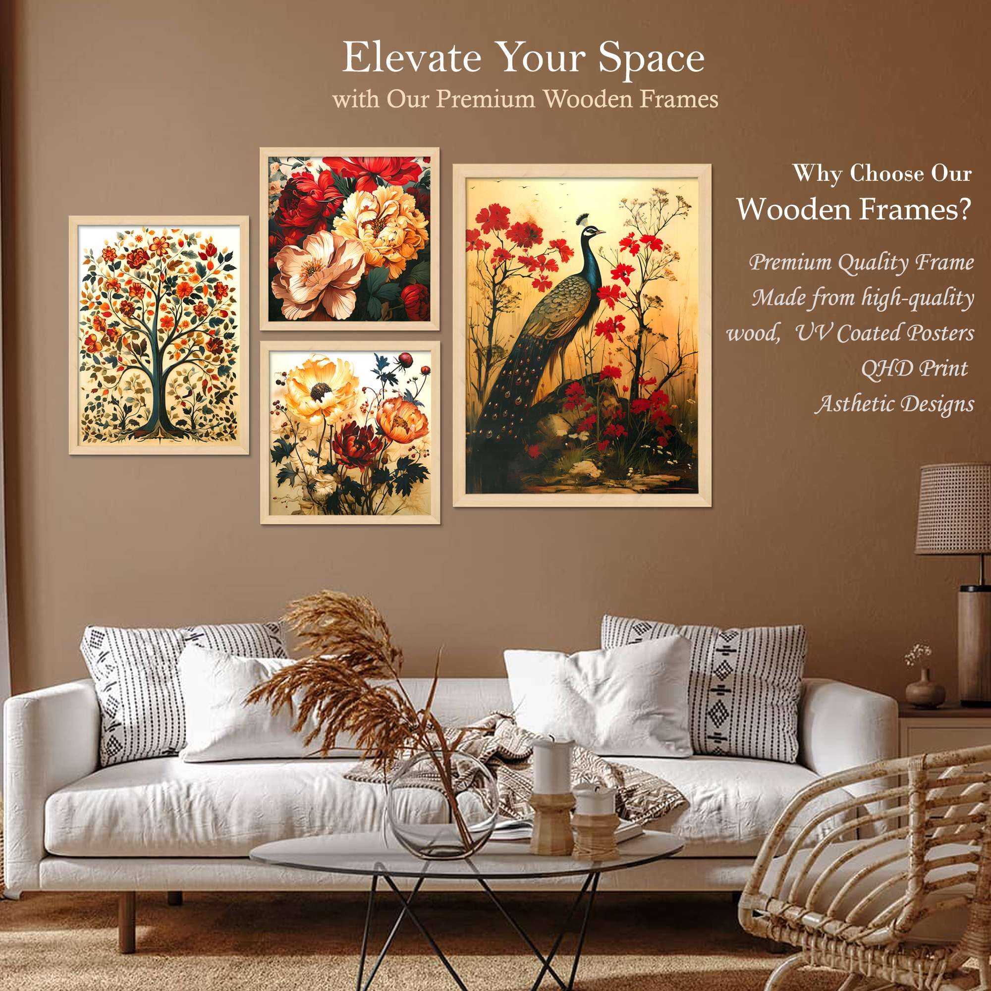 Peacock & Floral Wall Art Set – Traditional Indian Nature-Inspired Canvas Paintings | Elegant Home Decor for Living Room, Bedroom & Office | Handmade in India ( 36X24 Inches ) (BLACKLUXE CRAFTS) - BLACKLUXECRAFTS