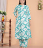 Women's Cotton Floral Printed Mandarin Collar A-Line Kurti with Pant (Sky Blue) (BLACKLUXE CRAFTS) - BLACKLUXECRAFTS