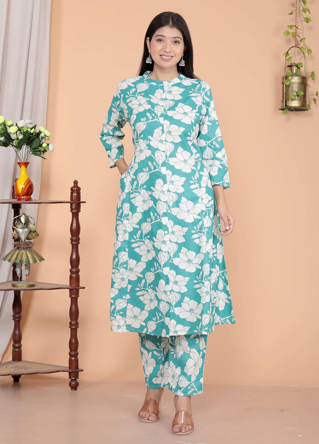 Women's Cotton Floral Printed Mandarin Collar A-Line Kurti with Pant (Sky Blue) (BLACKLUXE CRAFTS) - BLACKLUXECRAFTS