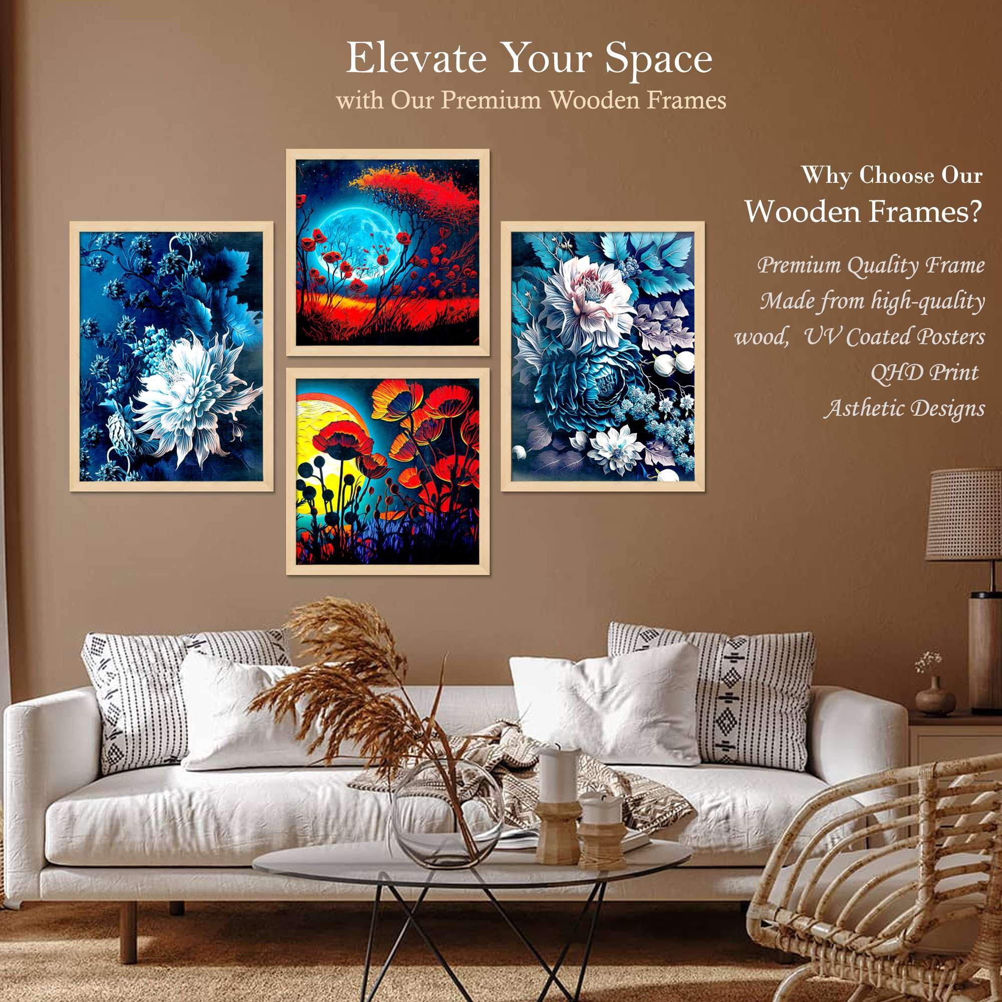 Floral Moonlight Wall Art Set of 4 | Vibrant Red & Blue Flower Canvas Prints | Modern Framed Artwork for Living Room, Bedroom & Office Decor
 ( 36X24 Inches ) (BLACKLUXE CRAFTS) - BLACKLUXECRAFTS