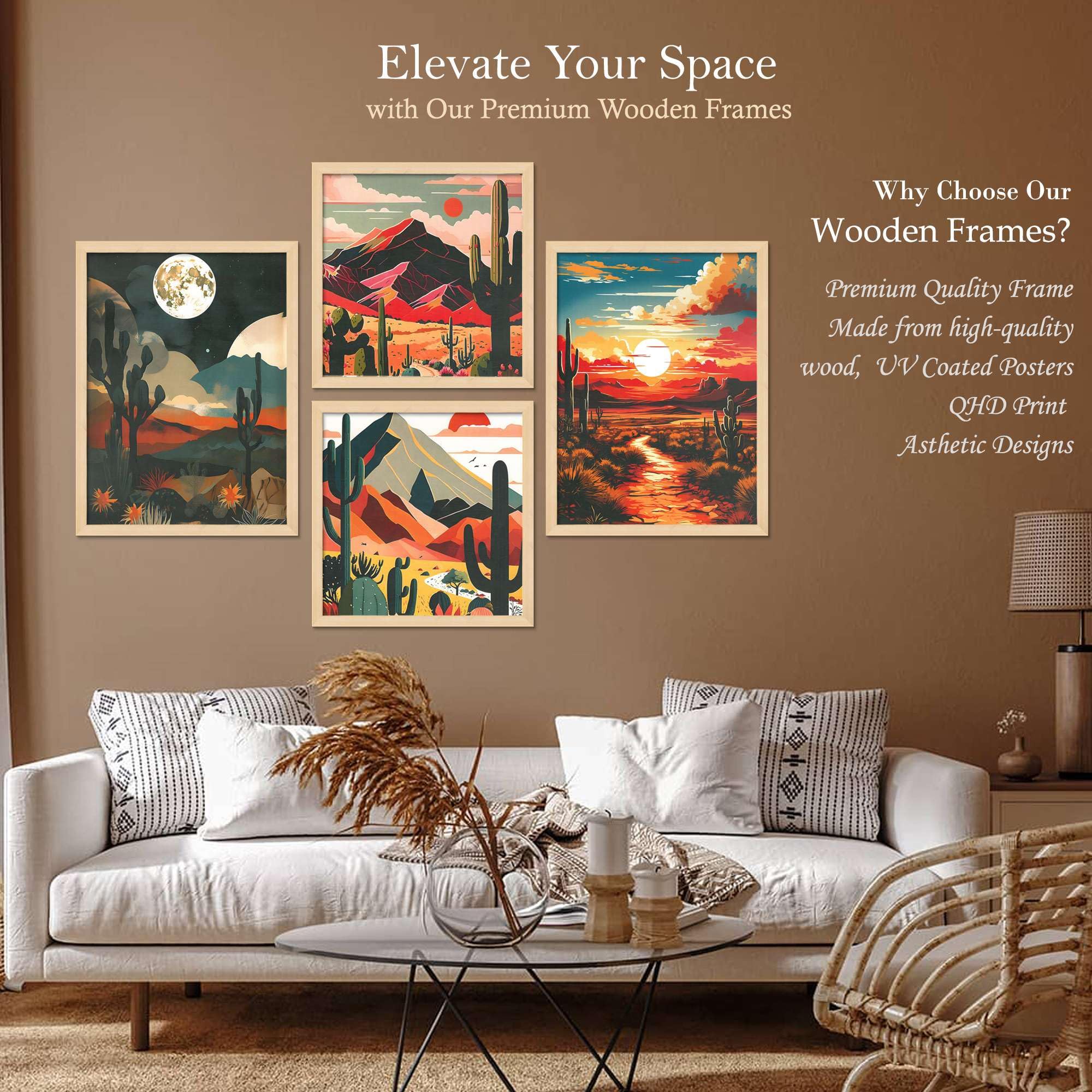 Desert Landscape Wall Art Set – Cactus Sunset & Mountain Canvas Prints | Southwestern Boho Home Décor for Living Room, Bedroom & Office | Handmade in India ( 36X24 Inches ) ( BLACKLUXE CRAFTS) - BLACKLUXECRAFTS