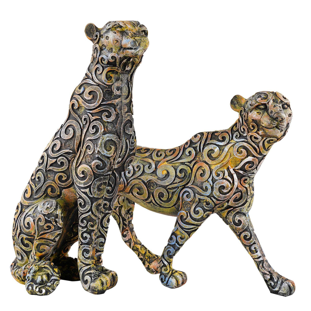Handmade Colorful Leopard Figurines Set – Artistic Resin Cheetah Statues with Intricate Carved Patterns for Modern Home Décor Set Of Two (BLACKLUXE CRAFTS) - BLACKLUXECRAFTS