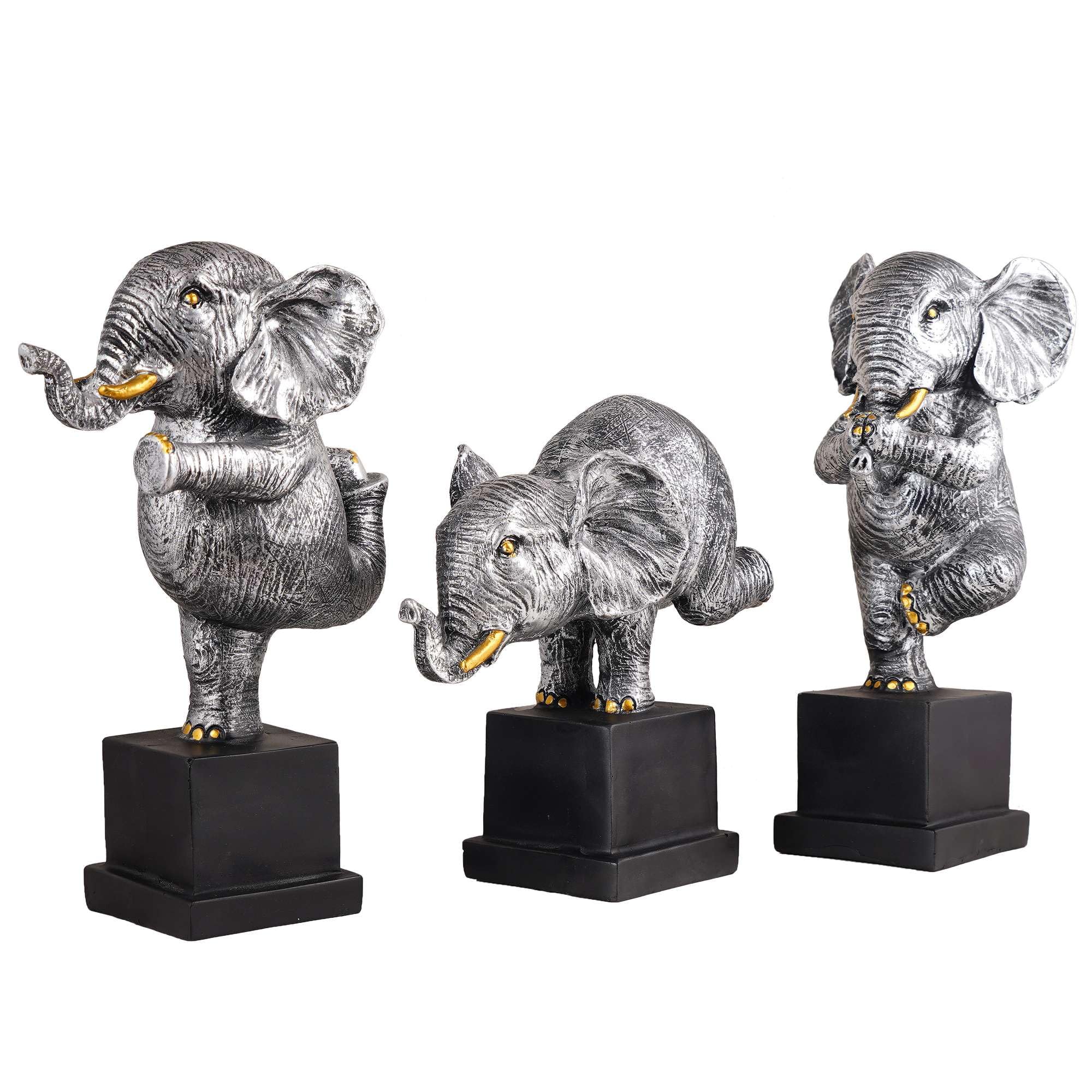 Silver Yoga Elephant Figurine Set – Handcrafted Resin Elephant Statues for Meditation, Luck & Modern Home Décor (Set Of 3) (BLACKLUXE CRAFTS) - BLACKLUXECRAFTS