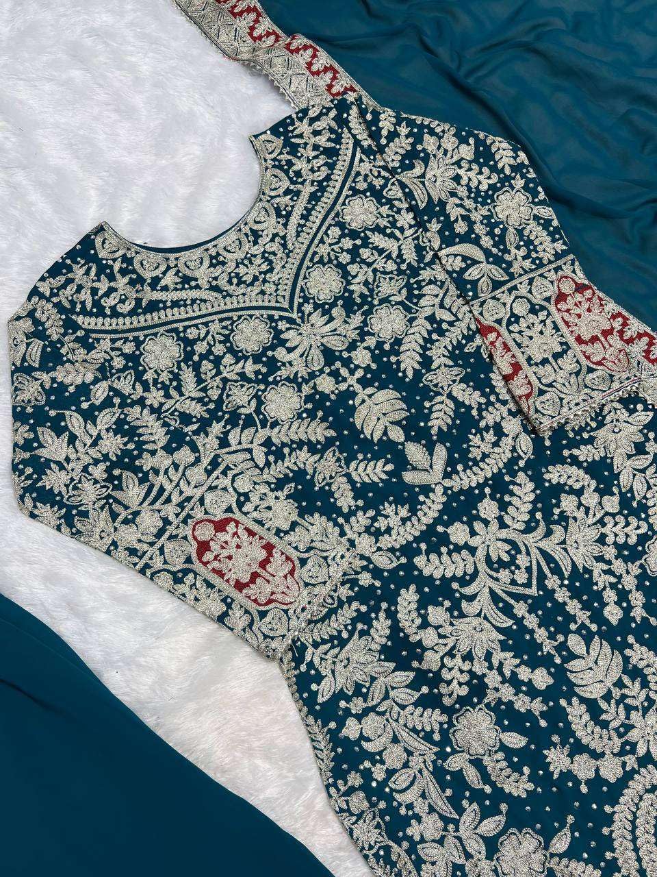 Women's Faux Georgette Embroidered Aaliya Cut Kurti With Plazzo & Dupatta Set with Diamond Handwork (BLACKLUXE CRAFTS) - BLACKLUXECRAFTS