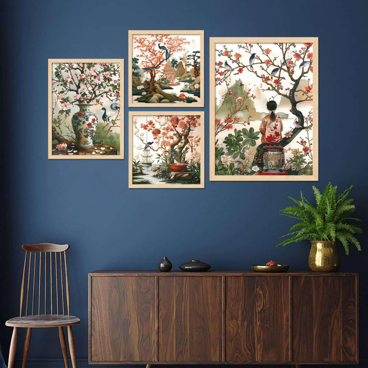 Oriental Cherry Blossom Wall Art Set of 4 | Japanese Chinese Style Canvas Prints with Birds & Nature | Elegant Asian Wall Decor for Living Room & Bedroom ( 36X24 Inches ) (BLACKLUXE CRAFTS) - BLACKLUXECRAFTS