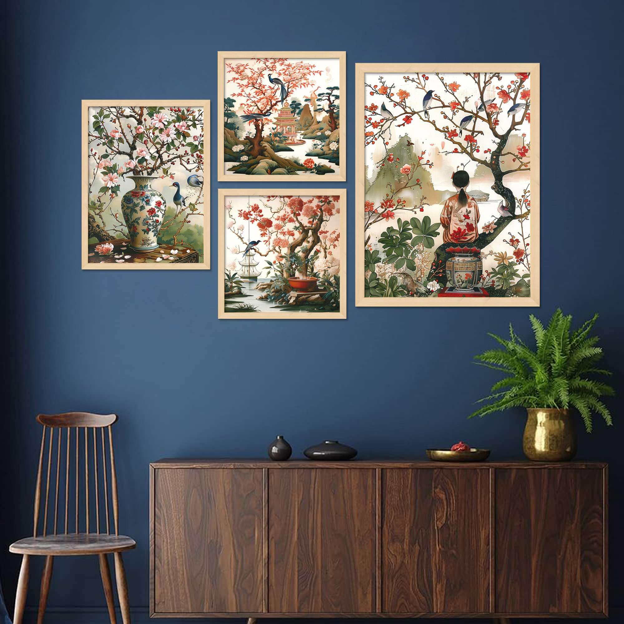 Oriental Cherry Blossom Wall Art Set of 4 | Japanese Chinese Style Canvas Prints with Birds & Nature | Elegant Asian Wall Decor for Living Room & Bedroom ( 36X24 Inches ) (BLACKLUXE CRAFTS) - BLACKLUXECRAFTS