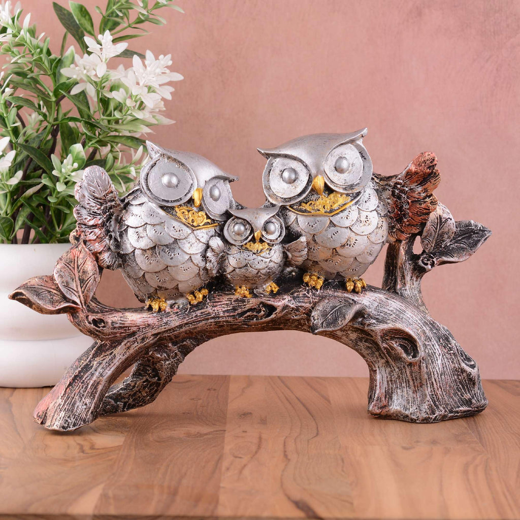 Silver Owl Family Figurine on Tree Branch – Handcrafted Resin Owl Sculpture for Home Décor & Gift (BLACKLUXE CRAFTS) - BLACKLUXECRAFTS