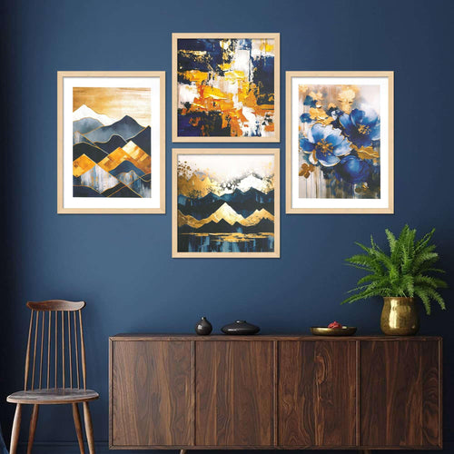 Abstract Blue & Gold Wall Art Prints – Modern Mountain & Floral Canvas Painting Set for Living Room, Bedroom & Office Décor | Handmade Art from India ( 36X24 Inches ) (BLACKLUXE CRAFTS) - BLACKLUXECRAFTS