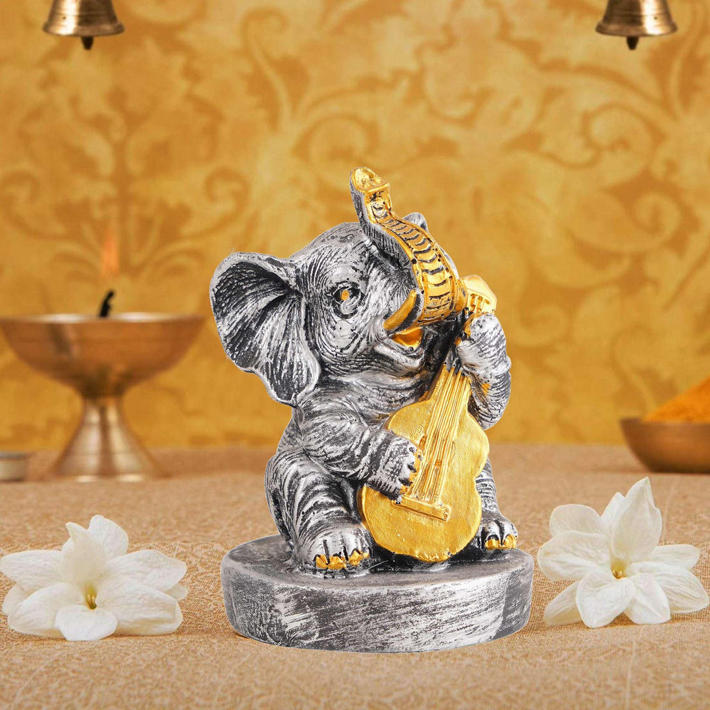 Silver Elephant Guitar Figurine – Handcrafted Resin Elephant Musician Statue for Home Décor & Lucky Gift (BLACKLUXE CRAFTS) - BLACKLUXECRAFTS